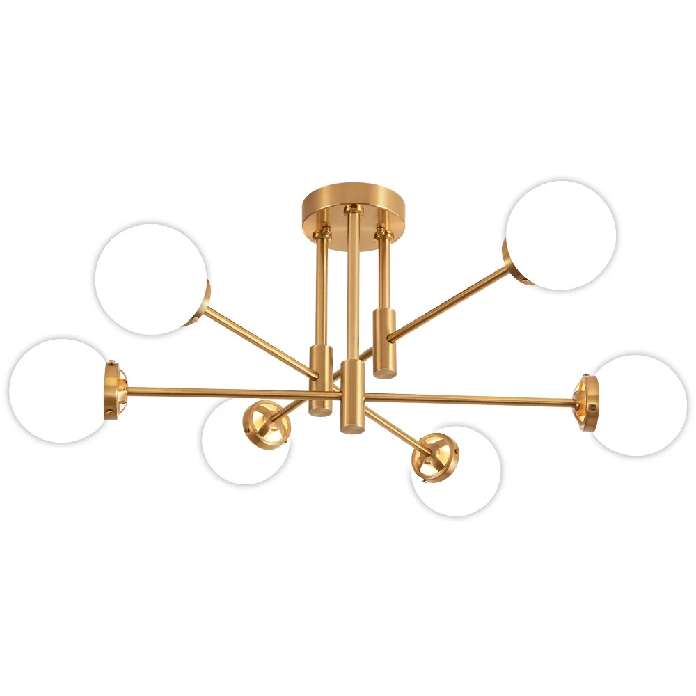 Deyidn Modern 6-Light Sputnik Chandelier with Milky White Glass Shades, 31 Inch Gold Pendant Lighting for Dining Room