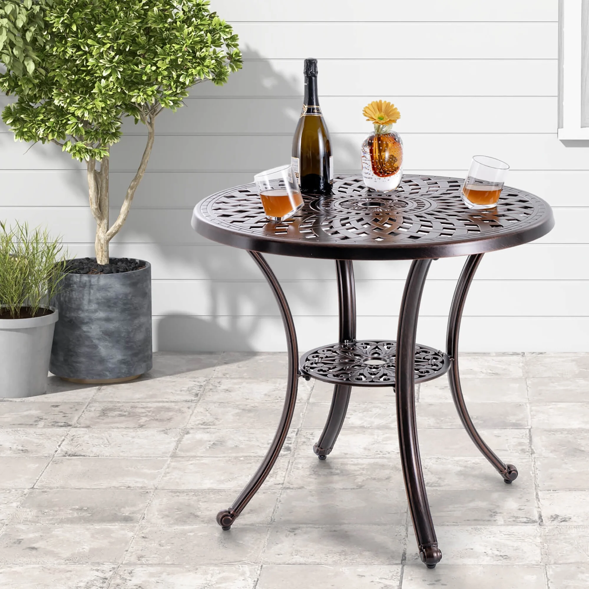 Gymax 31 Inch Diameter Round Table Patio Cast Aluminum Table w/ Umbrella Hol