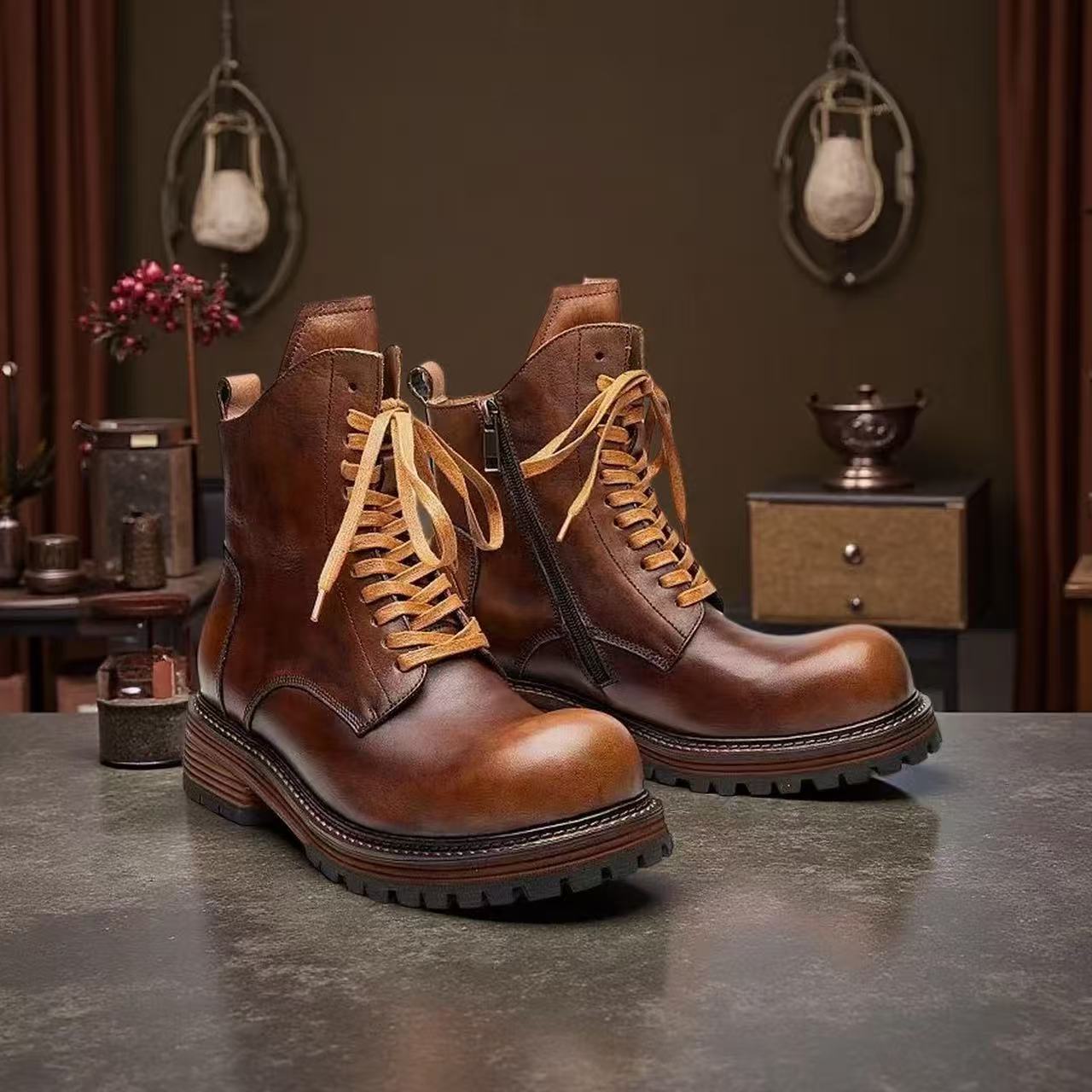 Retro horse leather high-top combat boots