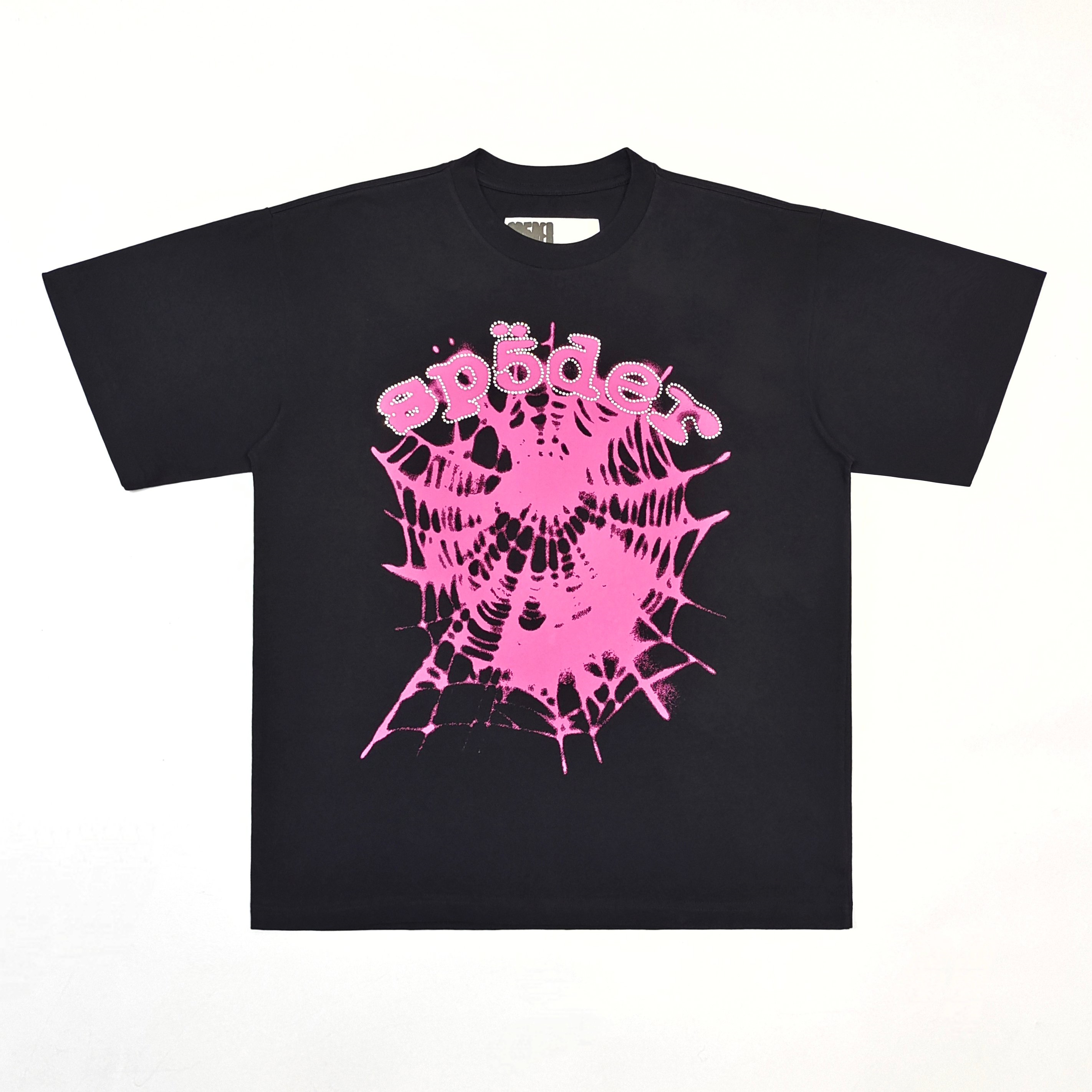 Hot-fix rhinestone powdered lettering and powdered mesh black T-shirt