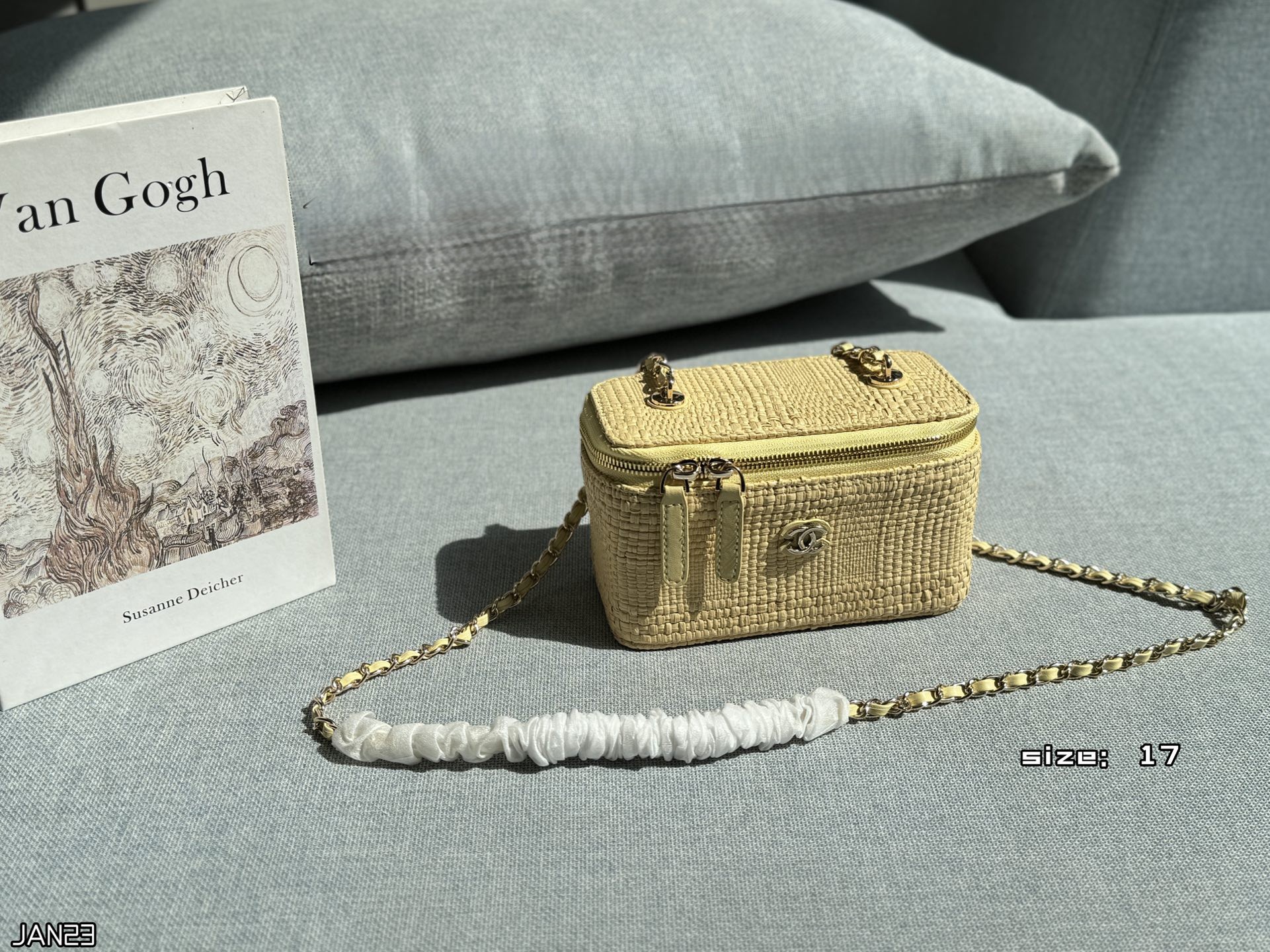 Chanel 26P Woven Raffia Compact Boxy Vanity Case Leather Top Handle Crossbody Bag