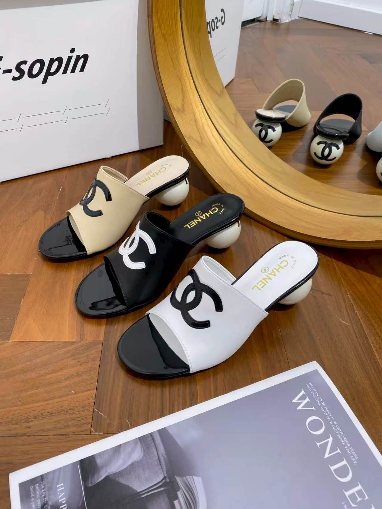 Chanel CC Logo Pearl-Heel Mule Sandals