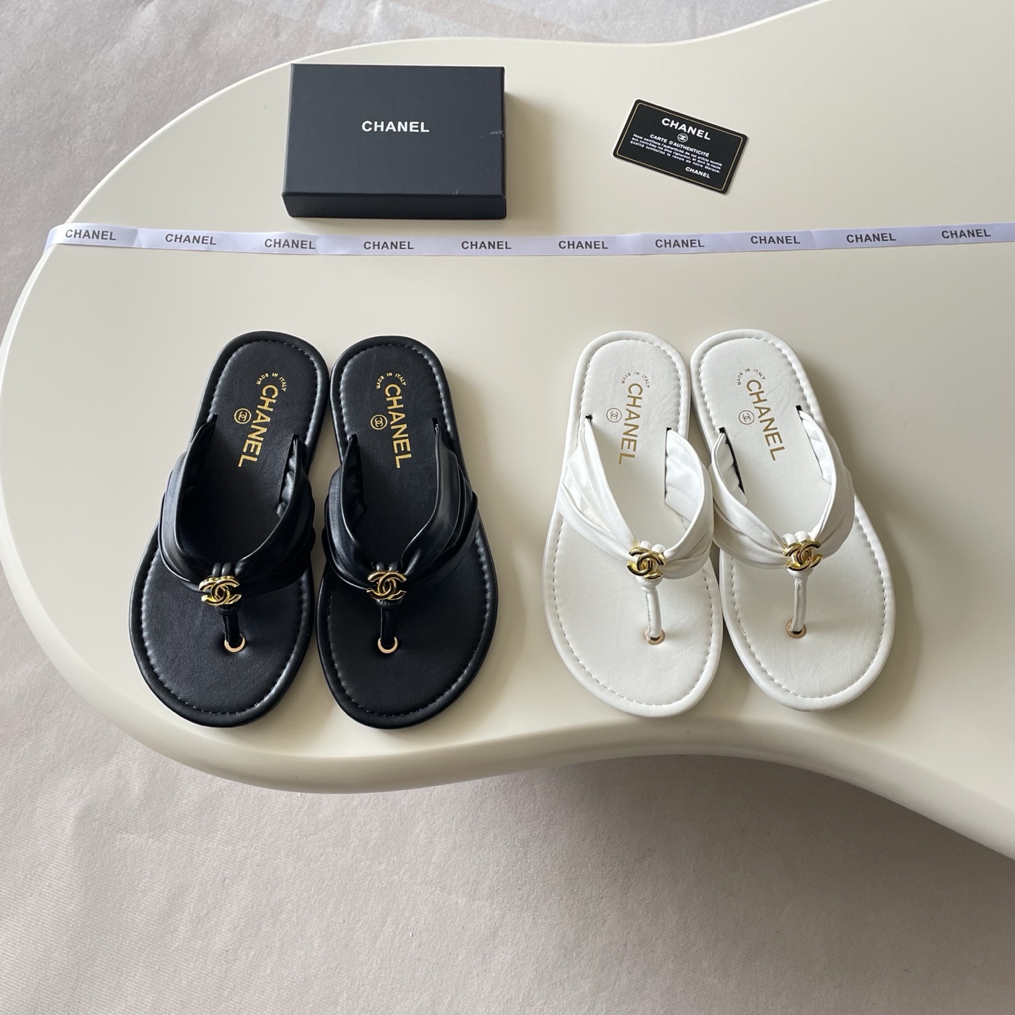 Chanel CC Logo Ruched Thong Sandals