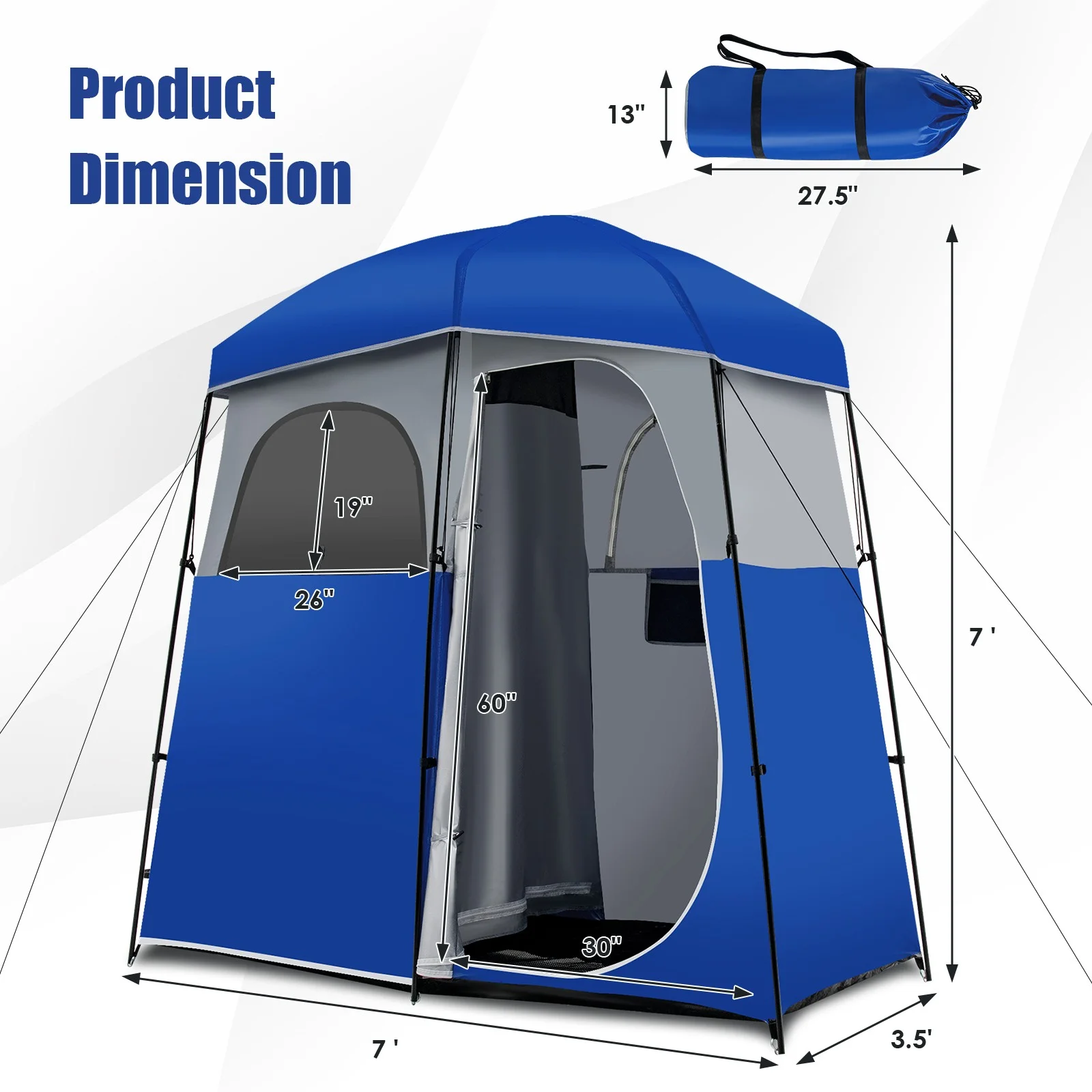 BHUIK Double-Room Camping Shower Toilet Tent with Floor, Oversized Portable Privacy Changing Tent, Waterproof Sunproof Outdoor Shelter with Storage Bag