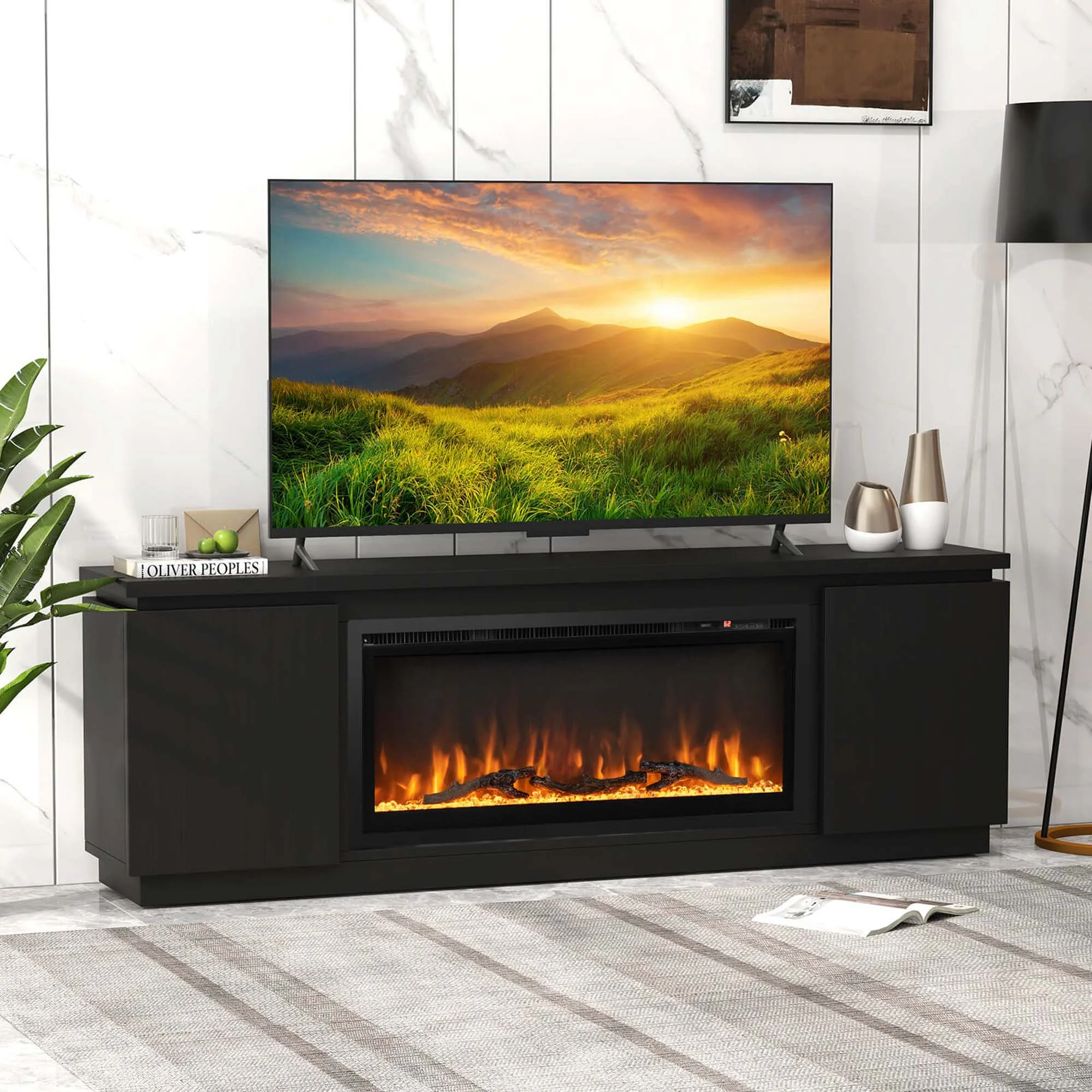 Costway Fireplace TV Stand for TVs up to 80" with Electric Fireplace 3 Adjustable Shelves Black