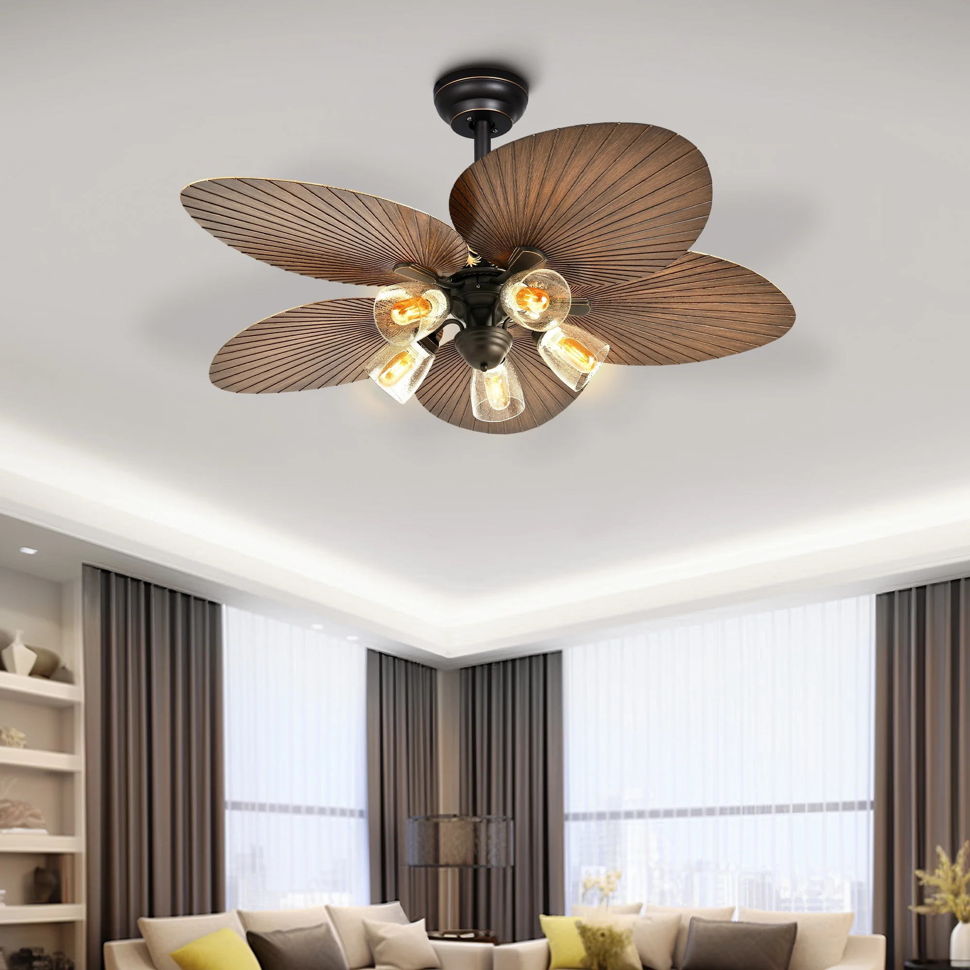 52 Inch Tropical Ceiling Fans with Light and Remote, Fan Light with Memory Function, 3 Speed & Lights Colors Changing, Outdoor Palm Leaf Fan - Brown