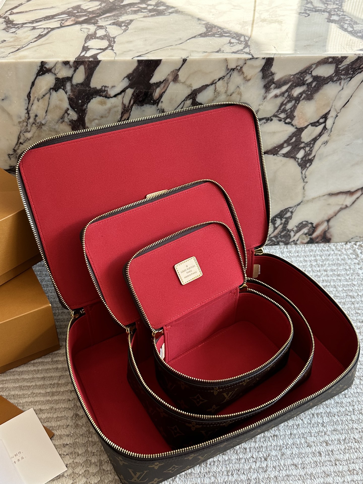 LV Monogram Brown Canvas Red Lining Nice Vanity Jewelry Case Travel Top Handle Bag