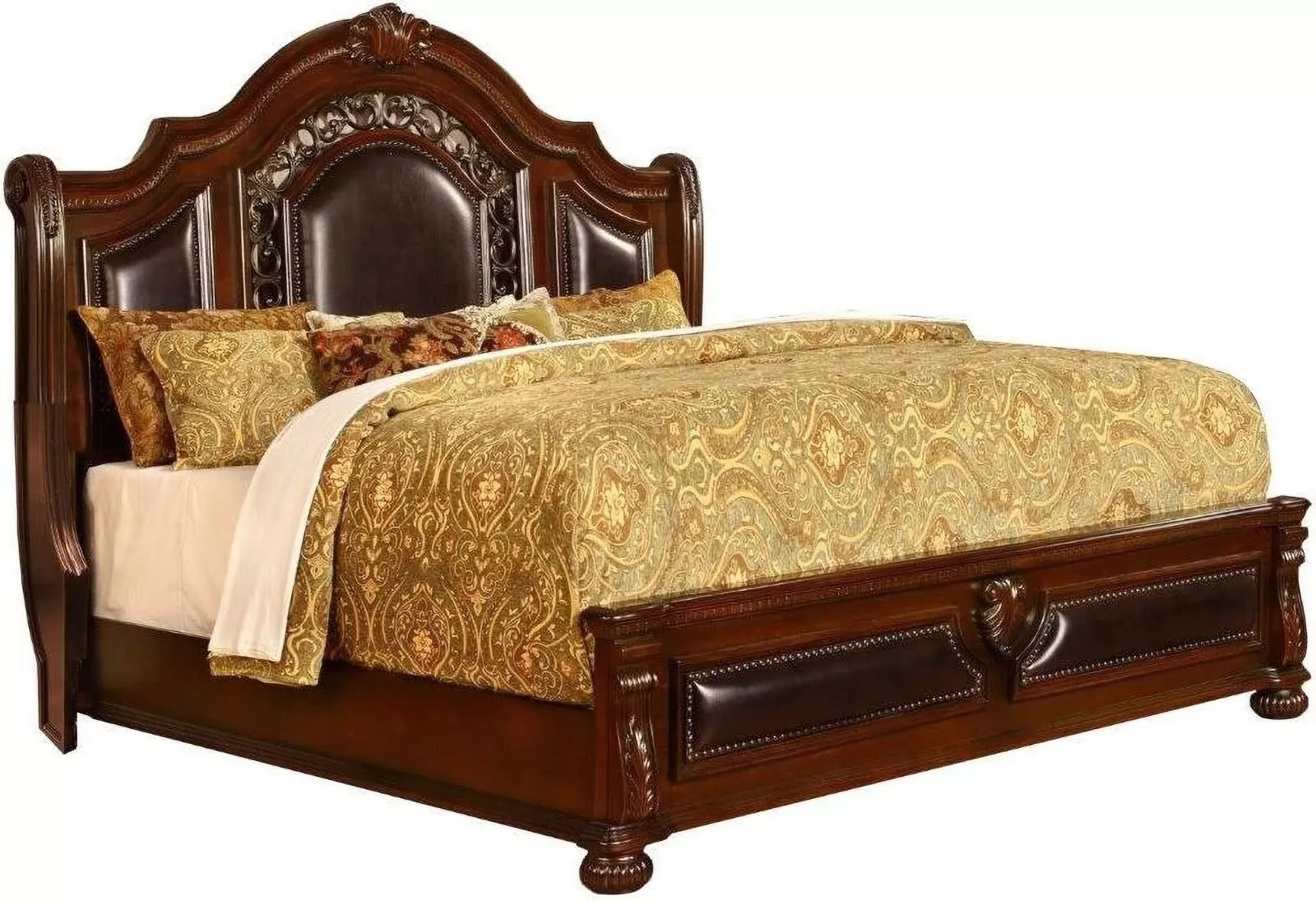 Traditional 2Pc Cal King Size Bedroom Set, Solid Wood Bed Frame and Nightstand, Cherry Finish