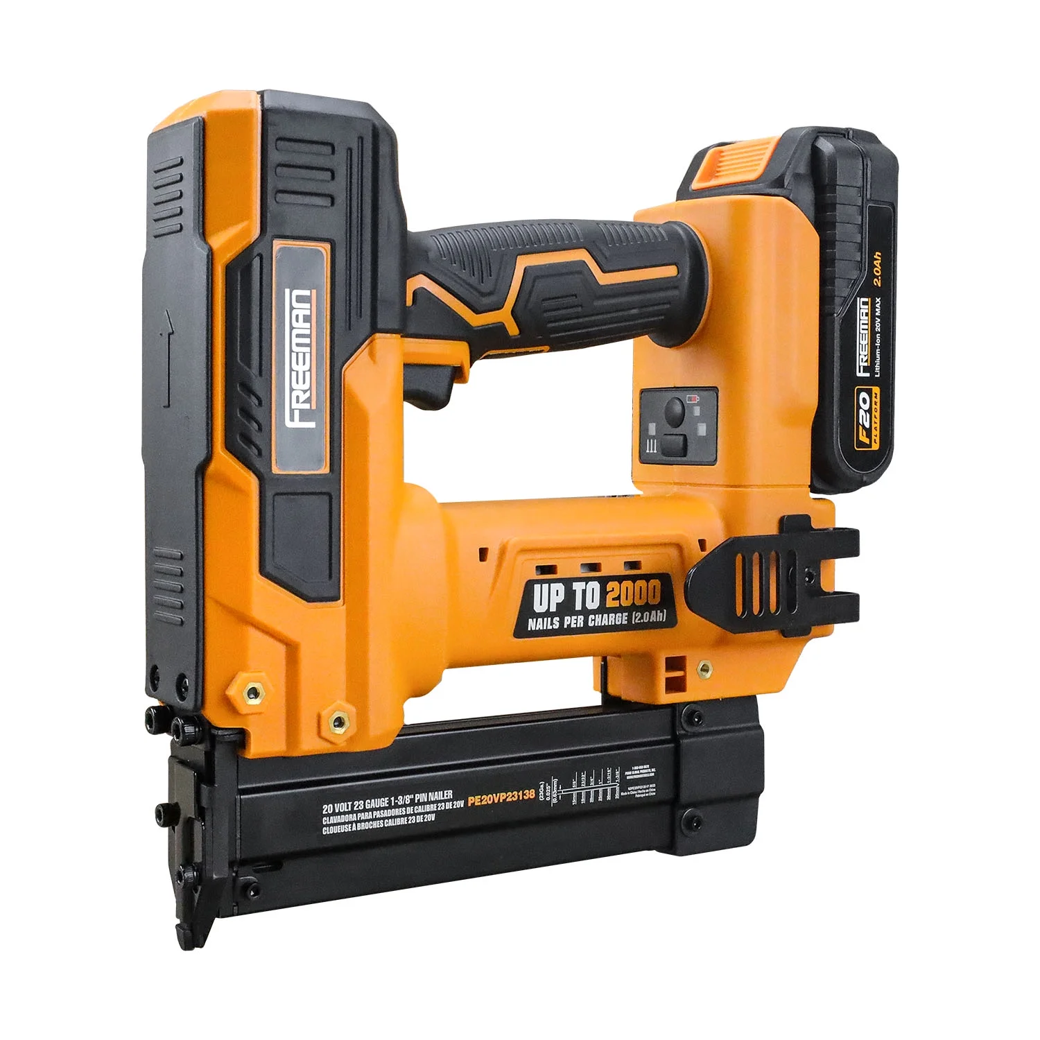 Freeman PE20VP23138 20 Volt Cordless 23-Gauge 1-3/8" Pin Nailer Kit with Lithium Ion Battery, Charger, Bag, and Nails (1000 Count) C 2000 Shots per Charge