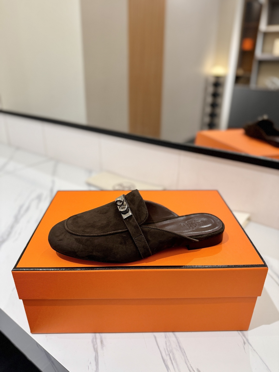 Hermès Goat Suede Kelly Buckle Carlotta Mules