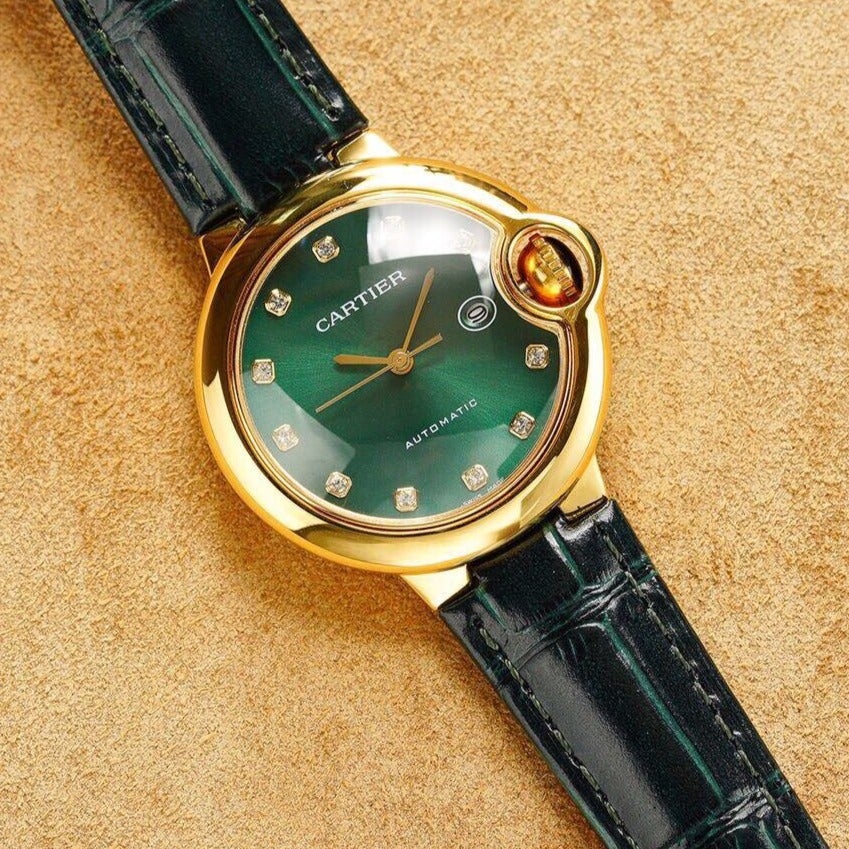 Cartier Watch BALLON BLEU 33MM GOLD CASE GREEN DIAL LEATHER STRAP