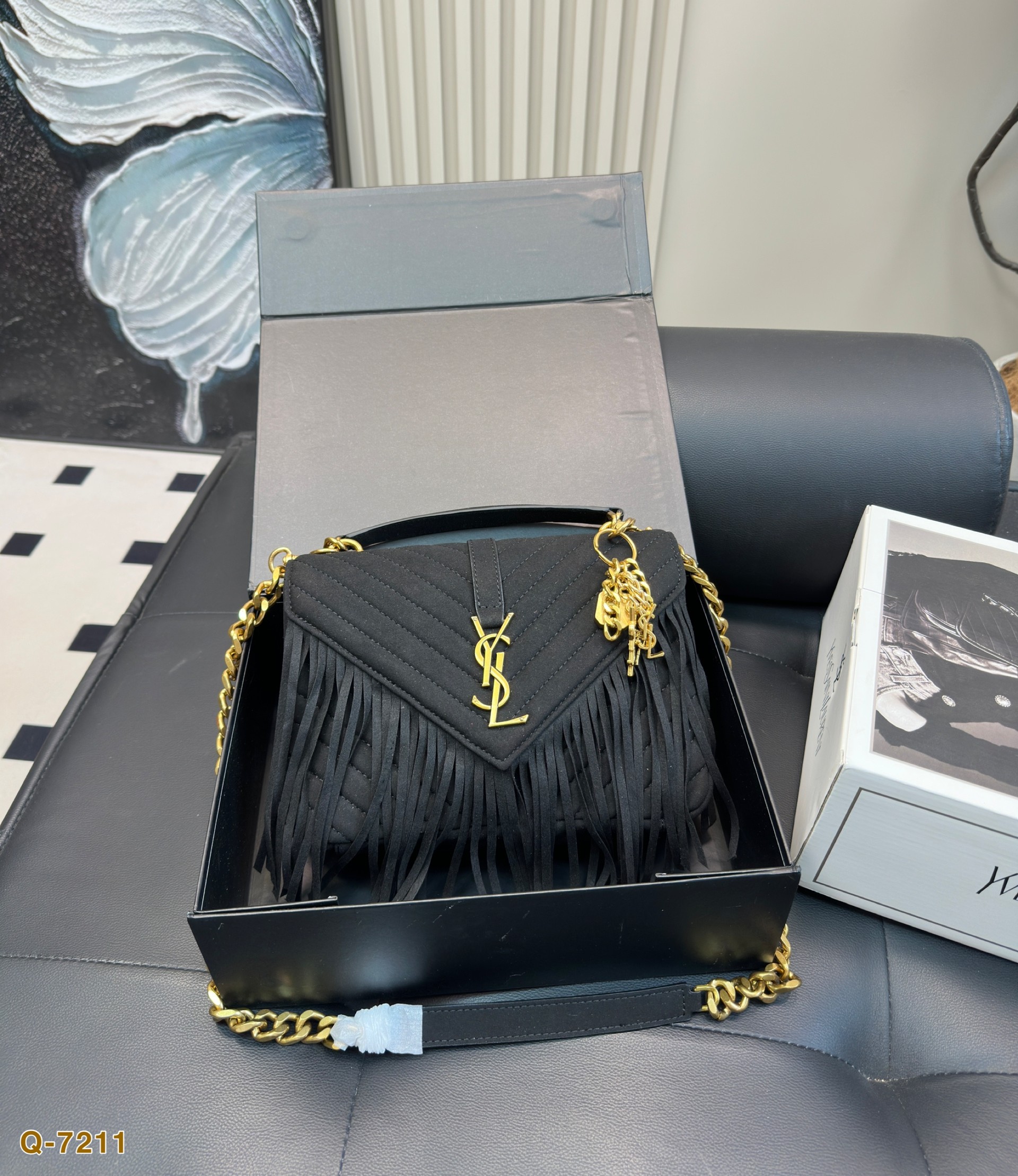 YSL Black Fringe College Matelassé Suede Chevron Quilted YSL Logo Shoulder Top Handle Bag