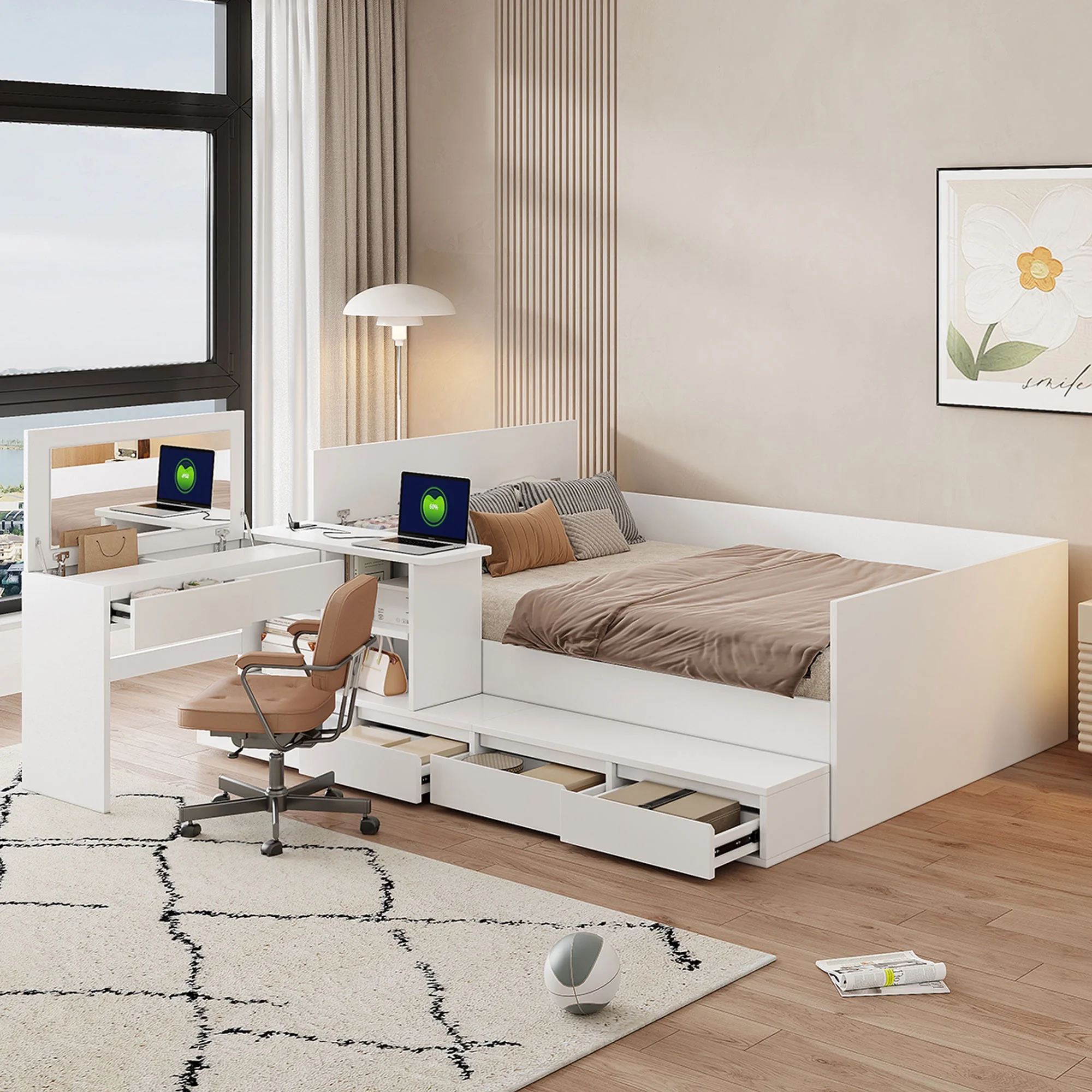 Full Size White Wooden Platform Bed w/ 6 Drawers, Vanity Desk & Shelves - Bedroom Furniture. Space-saving design. Includes storage, perfect for small spaces. 75.3