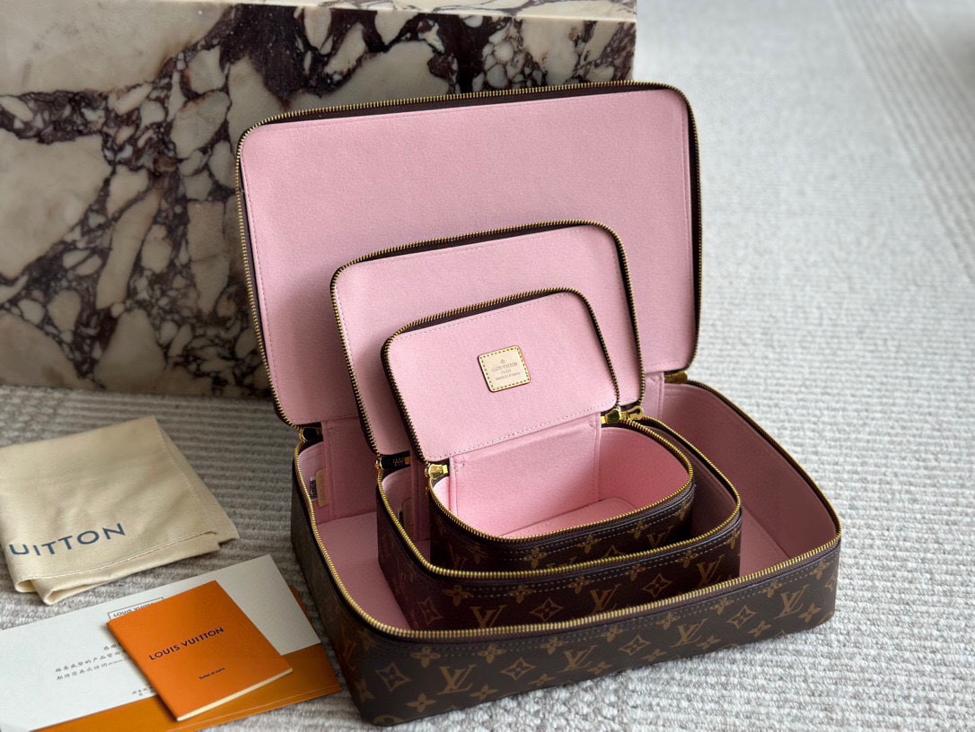 LV Monogram Brown Canvas Pink Lining Nice Vanity Jewelry Case Travel Top Handle Bag