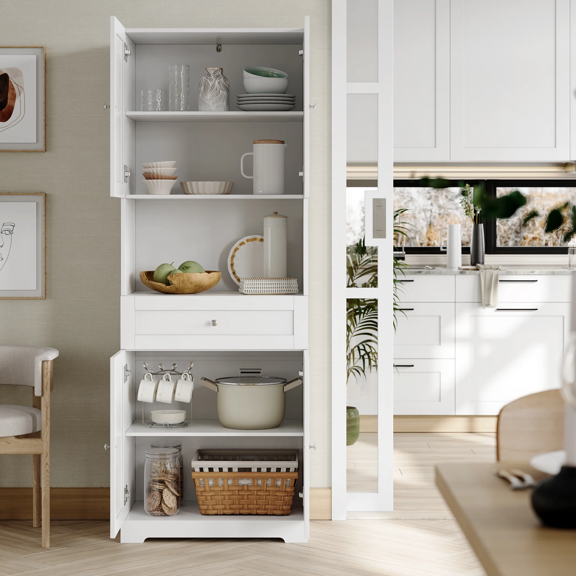 Homfa 67.5'' Tall Kitchen Pantry with Microwave Shelf, Large Storage Drawer Wood Pantry Storage Cabinet for Dining Room Living Room, White