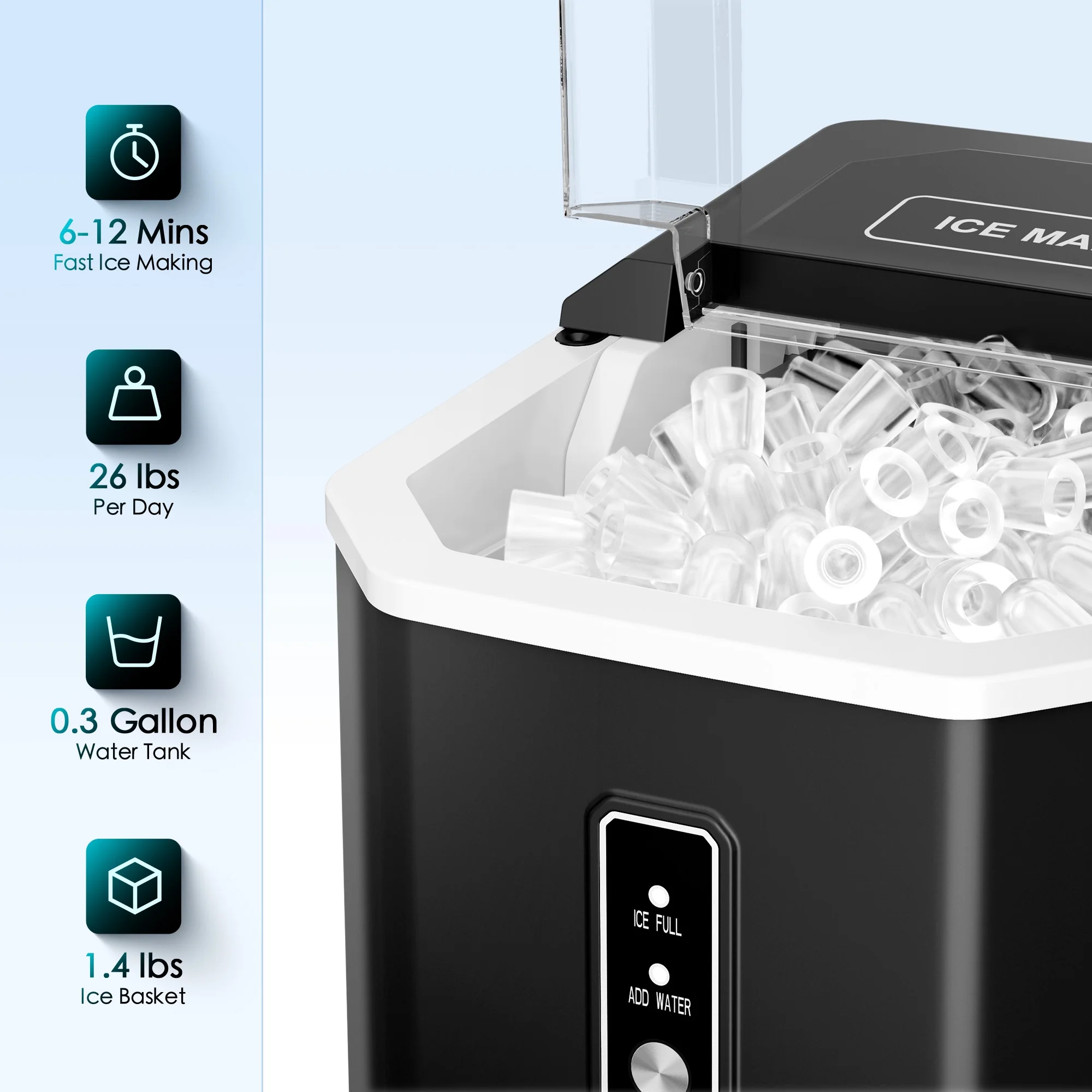 Fenbeli 26lbs/24H Countertop Ice Maker Machine with Handle, Portable Ice Maker Machine with Auto-Cleaning, Black