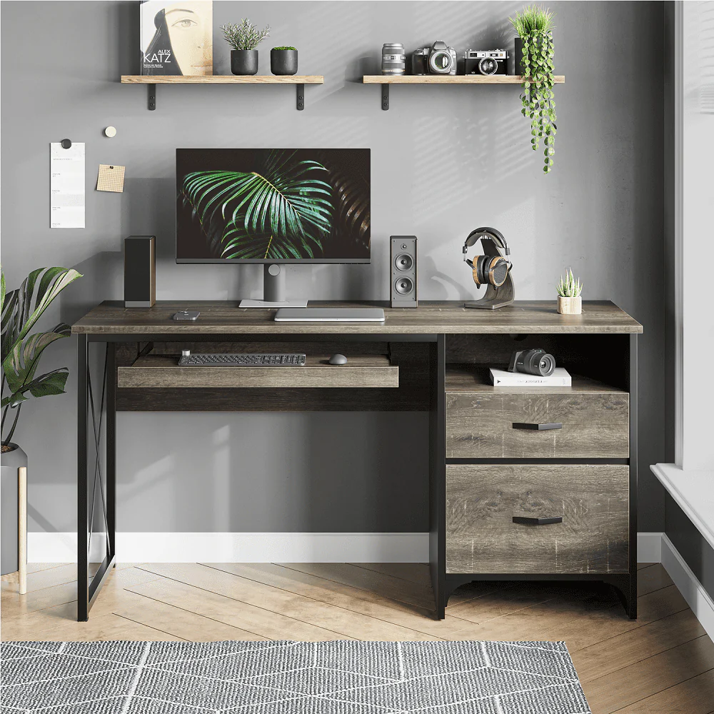 Bestier 55 inch Computer Desk with Storage Drawers & Keyboard Tray & File Drawer Home Office Desk Grey