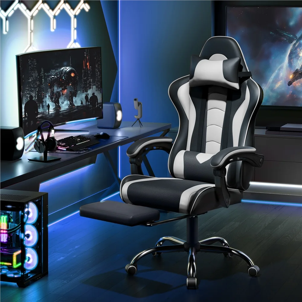 Alden Design Ergonomic Gaming Chair with Slide Out Footrest, Black/White