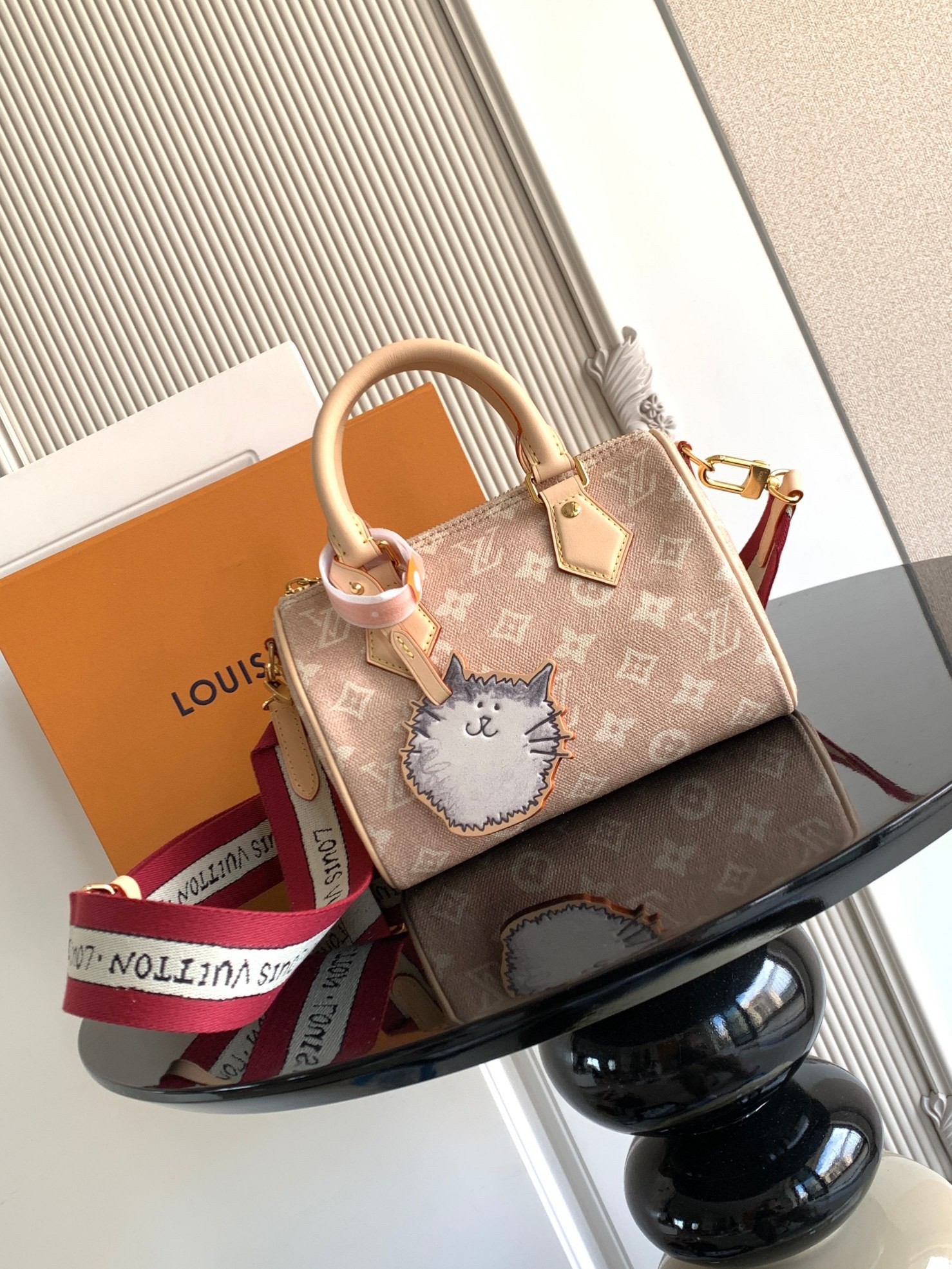 LV Speedy 20 Catogram Monogram Emblème Jacquard Canvas Cat Charm Boston Top Handle Bag