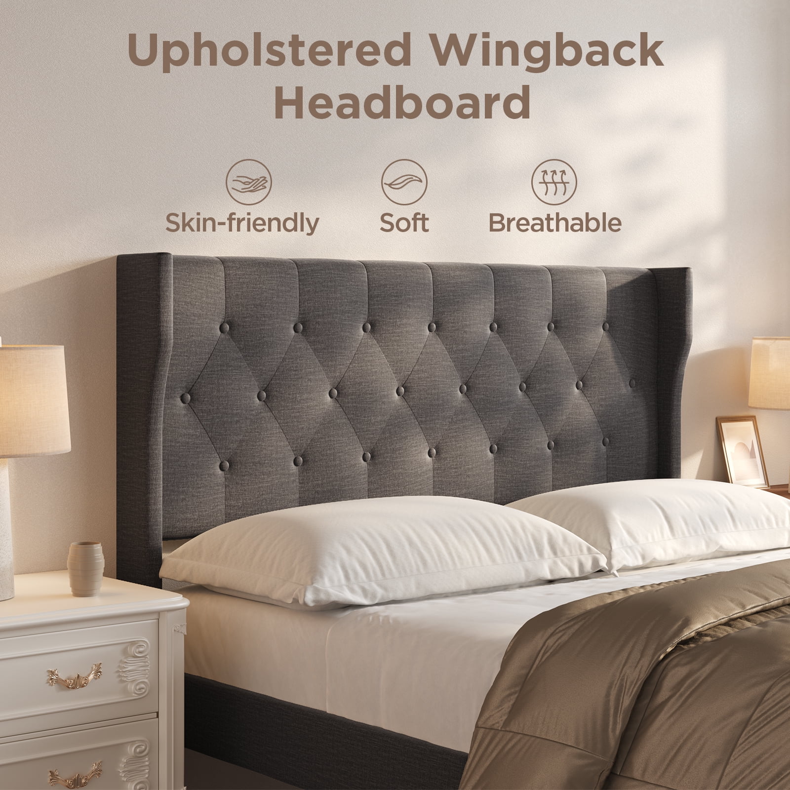 Lofka Queen Size Bed Frame with Upholstered Wing Back Headboard for Bedroom, Dark Gray Finish