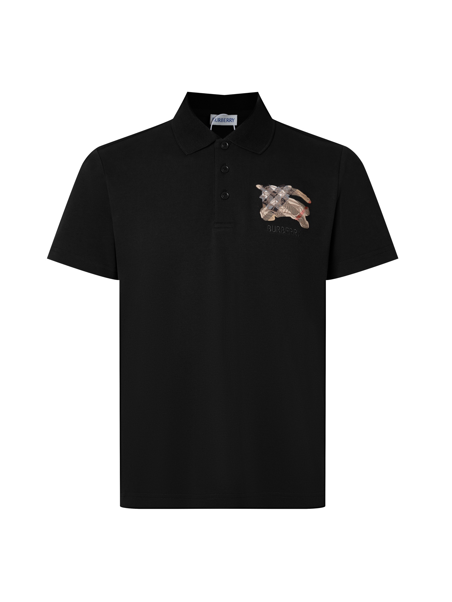 Classic horse-patterned checkered patchwork collar polo shirt