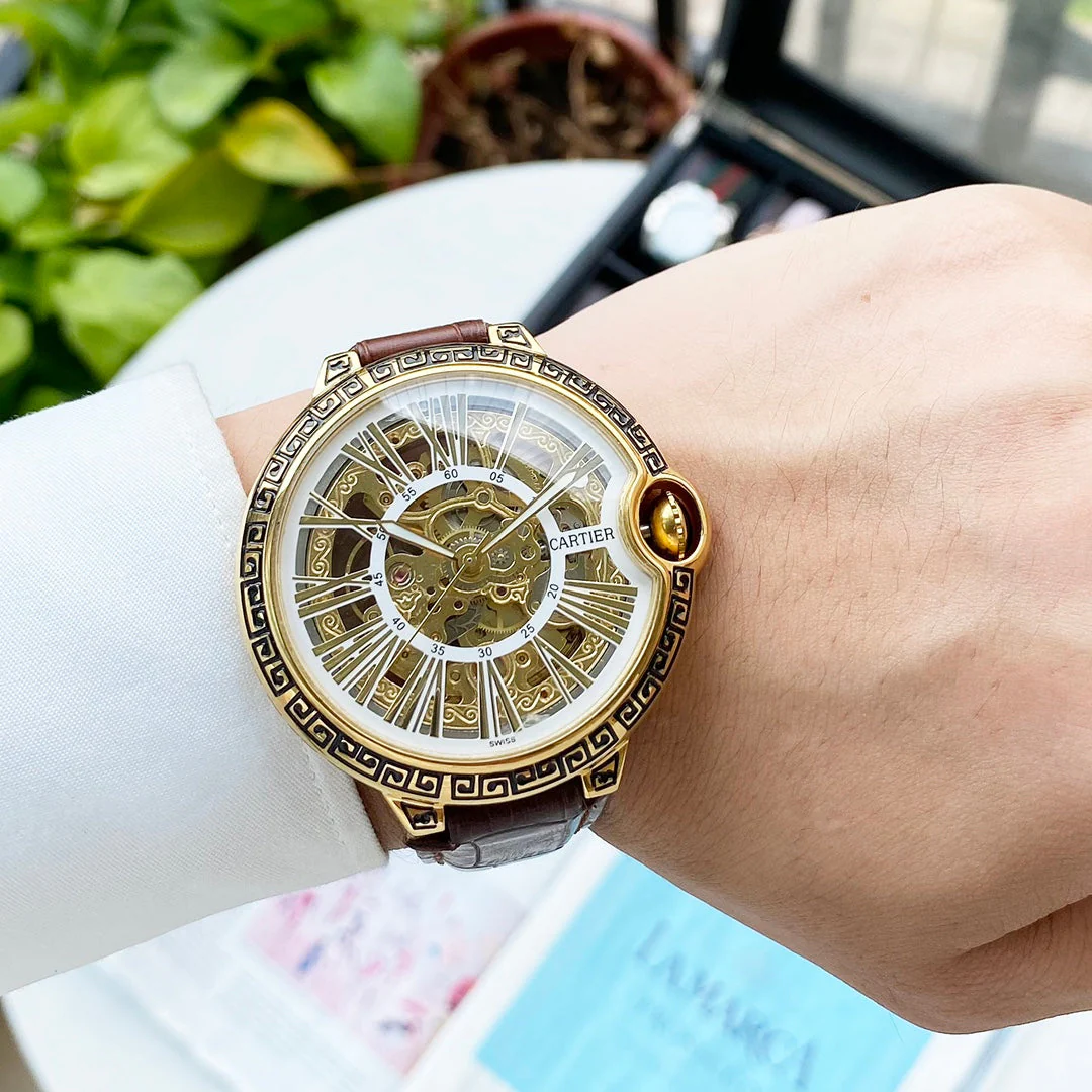 Cartier Watch BALLON BLEU 43 SKELETON HAND ENGRAVED LEATHER