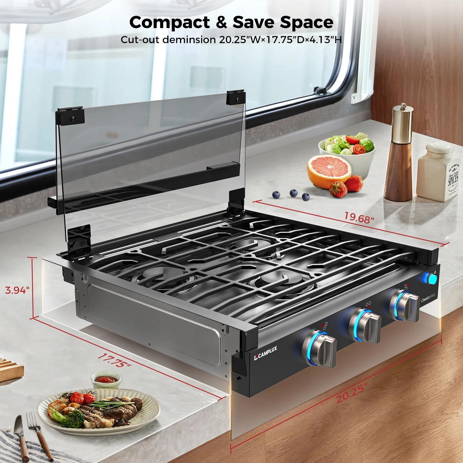 CAMPLUX RV Cooktop 3 Burners Slide-in, Outdoor Propane Cooktop Stove with Tempered Glass Cover, 21 inches Gas Rangetop, 21,000BTU, Black