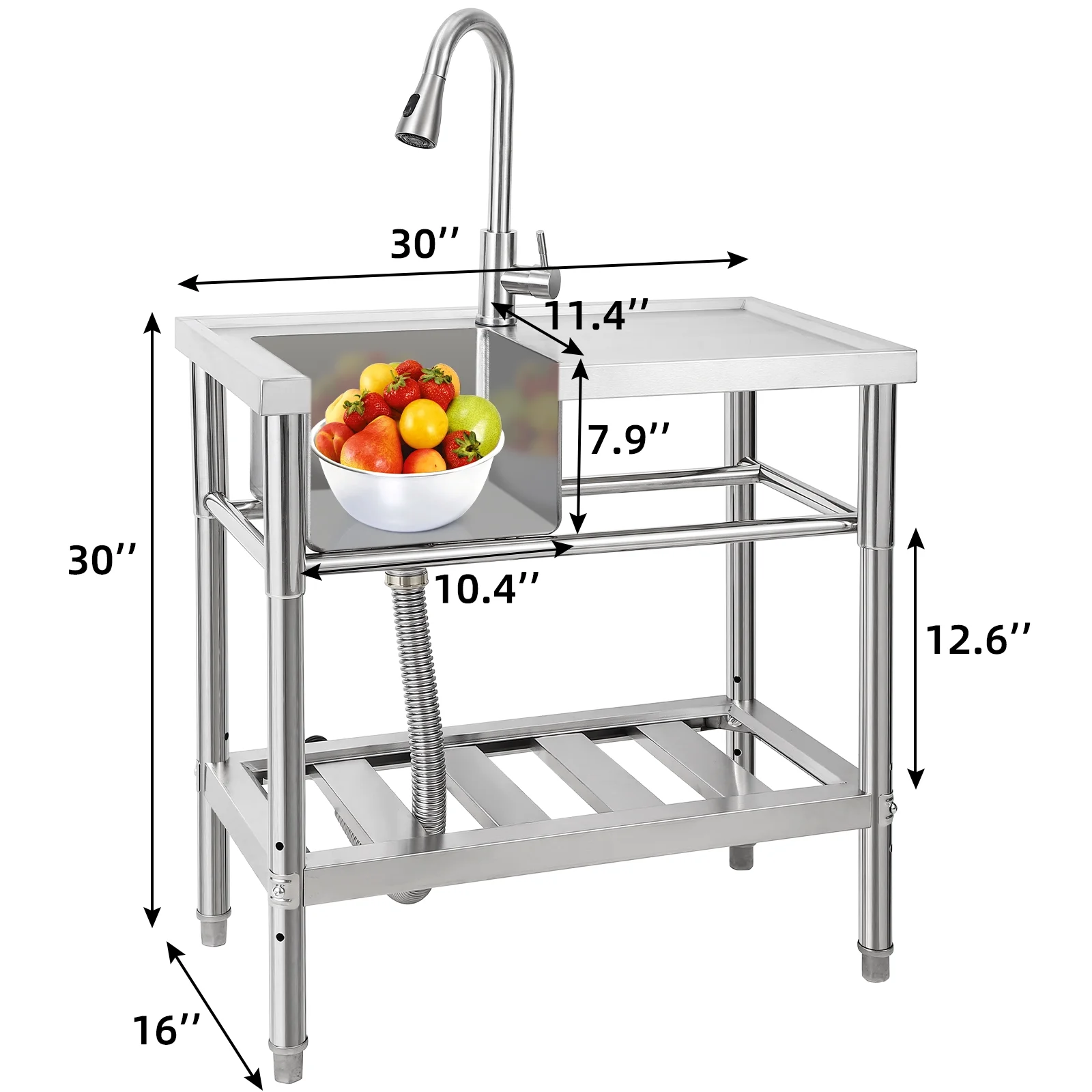 WPOND 30" Freestanding Utility Sink with Hot and Cold Faucet, Stainless Steel Sink with Workbench, Commercial Kitchen Single Bowl Sink for Garage, Restaurant, Kitchen, Laundry, NSF Certified