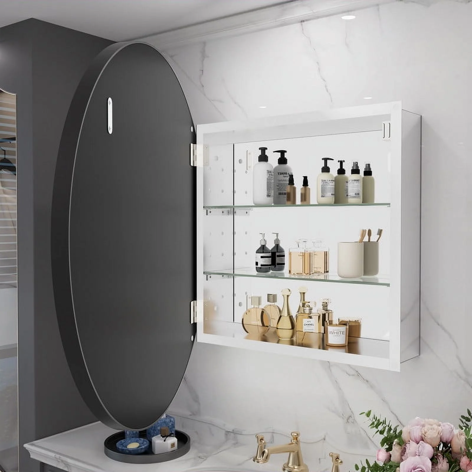 WallBeyond Bathroom Medicine Cabinet with Round Mirror Aluminum Framed 28