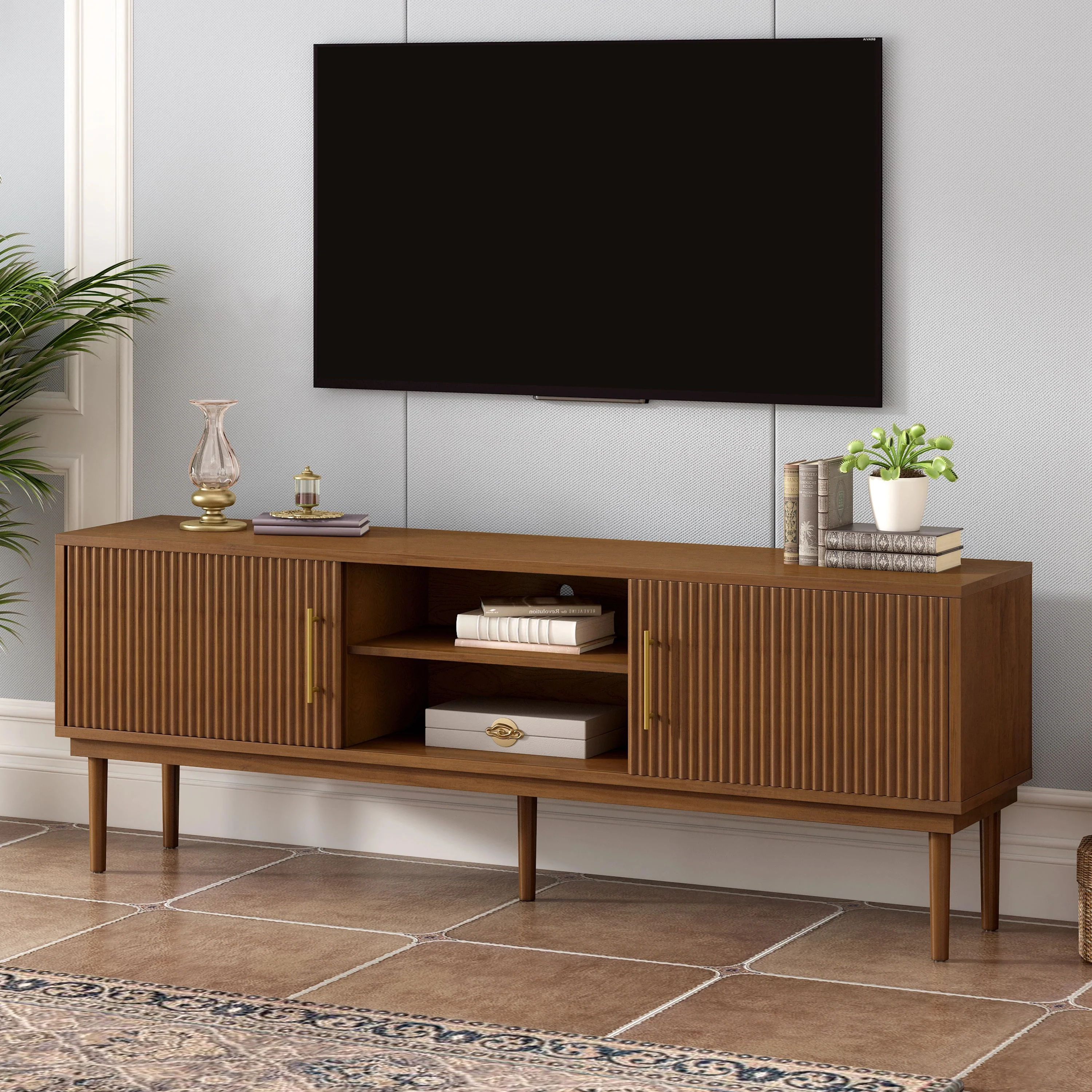 Euroco 74.9" TV Stand with Sliding Doors and 2 Storage Cabinets,Modern Entertainment Center & Media Console for TVs up to 80",Versatile for Any Decor Style,Brown