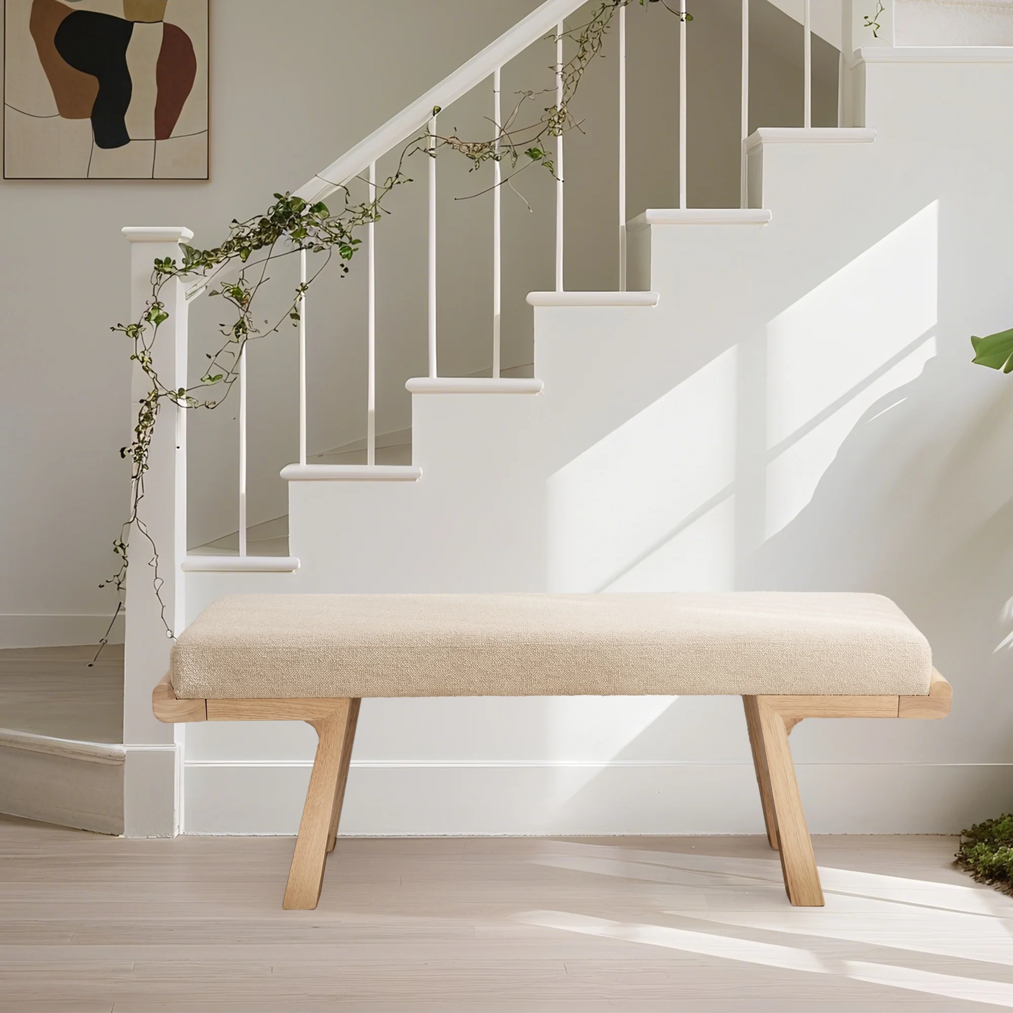 Zesthouse 47.4" Linen Upholstered Bench, Entryway Bench with Solid Wood Legs, Modern Ottoman Bench for Living Bedroom Room, Beige