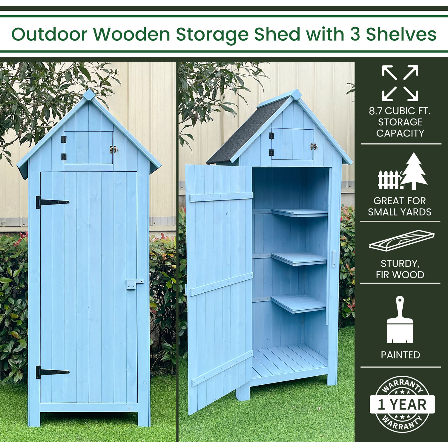 Hanover Sturdy Durable Waterproof Wood Outdoor Vertical Storage Shed, 70.40
