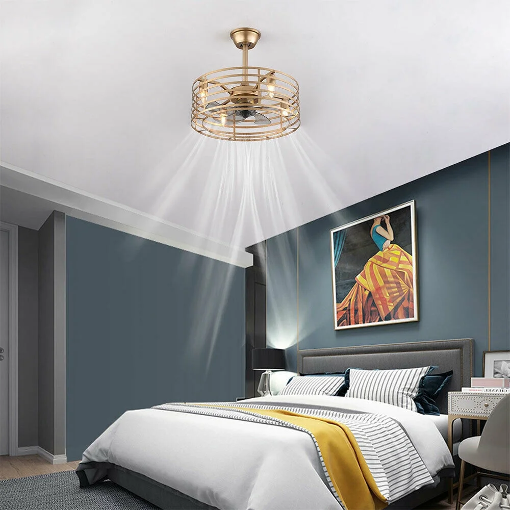 Anqidi 20" Retro Ceiling Fan Light, Champagne Gold Finish LED Metal Caged 3-Speed Pendant Fan Lamp W/ Remote 40W