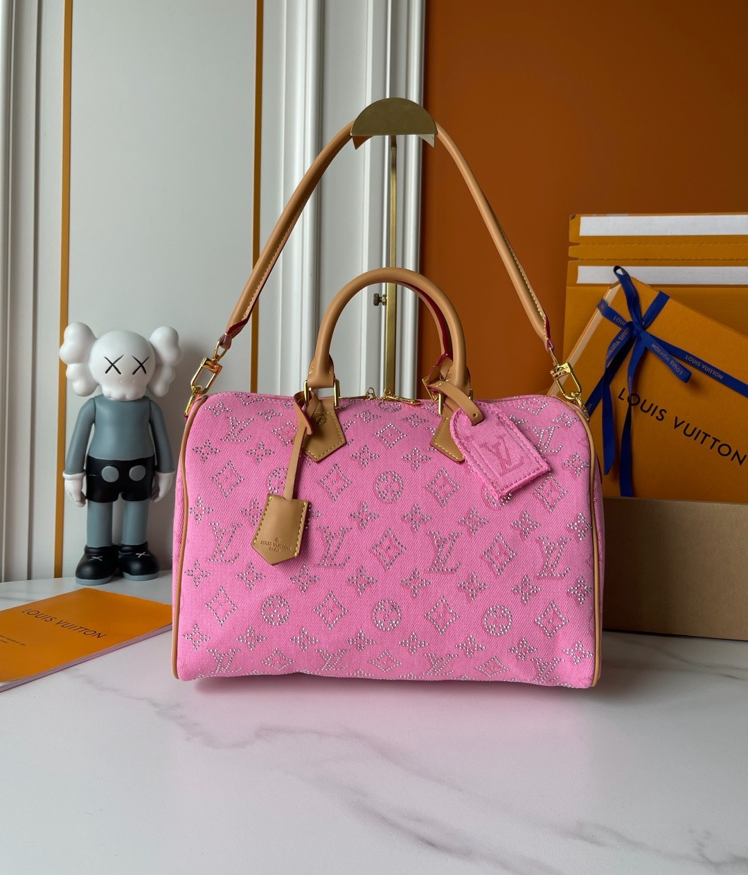 LV Speedy 30 Full Crystal Rhinestone Monogram Denim Boston Top Handle Bag