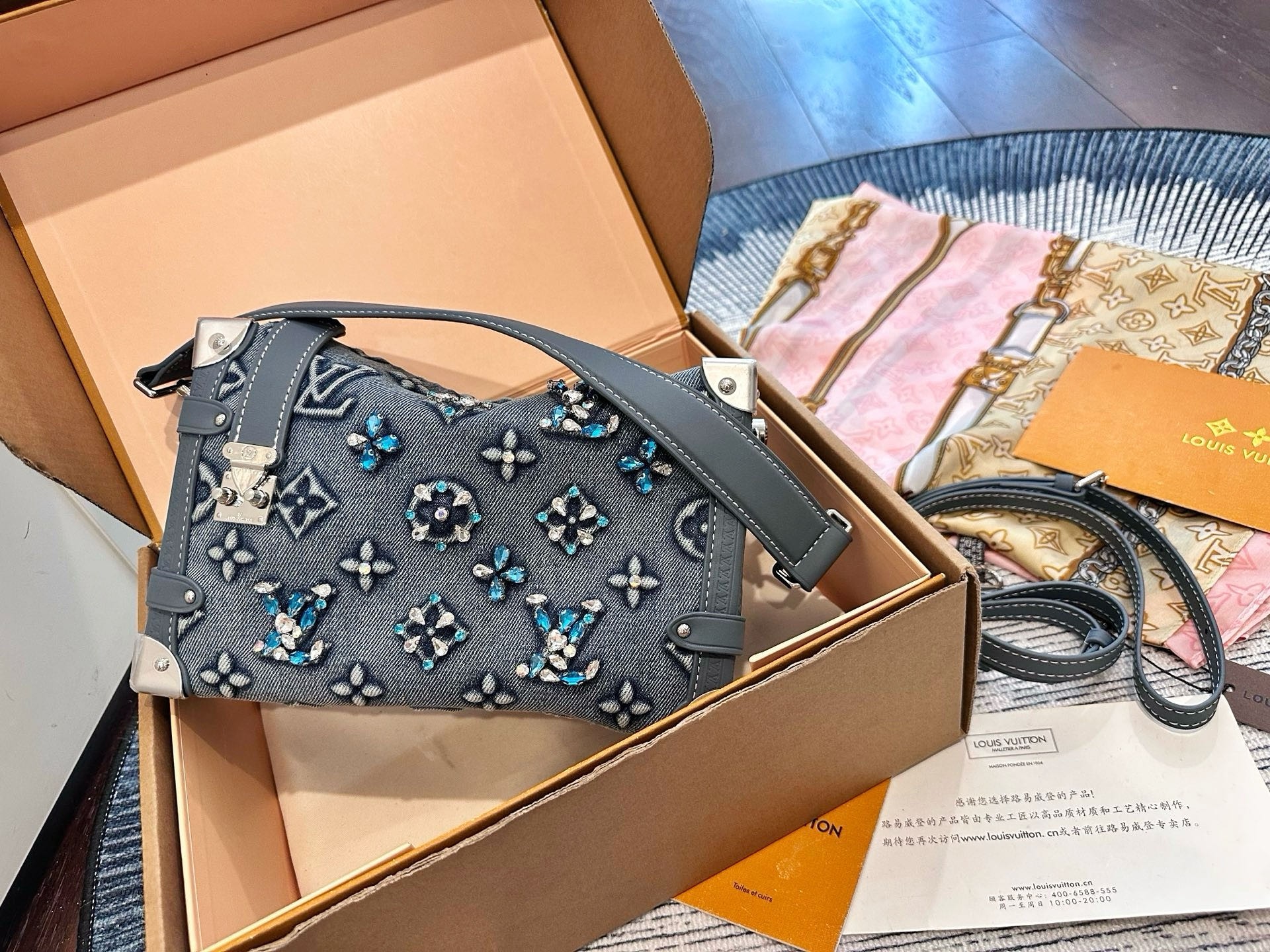 LV Side Trunk MM Grey Blue Crystal Embellished Denim Monogram S-Lock Soft Shoulder Bag
