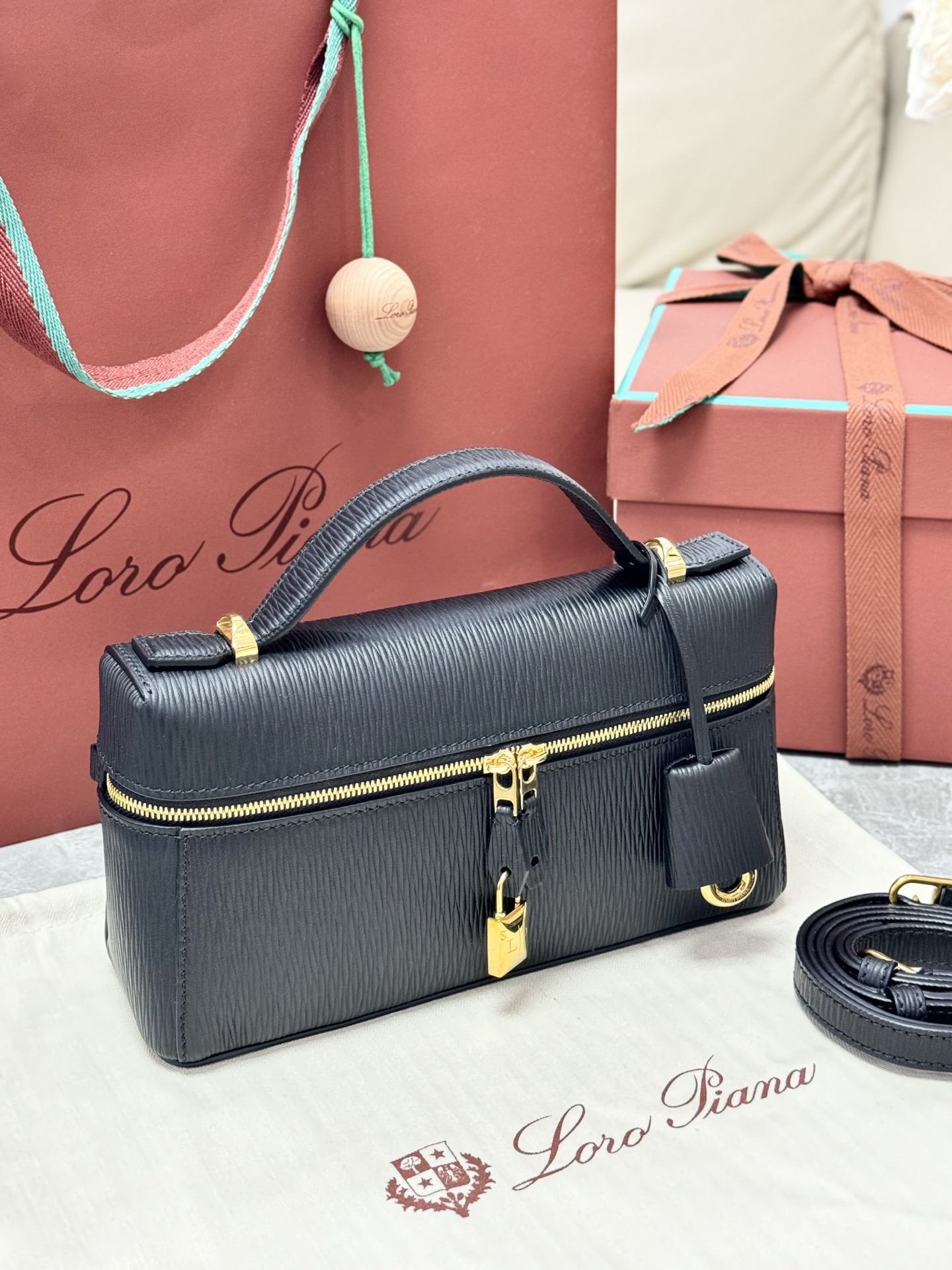 Loro piana Extra Bag L23 Handbag Black Water Ripple Crossbody Bag