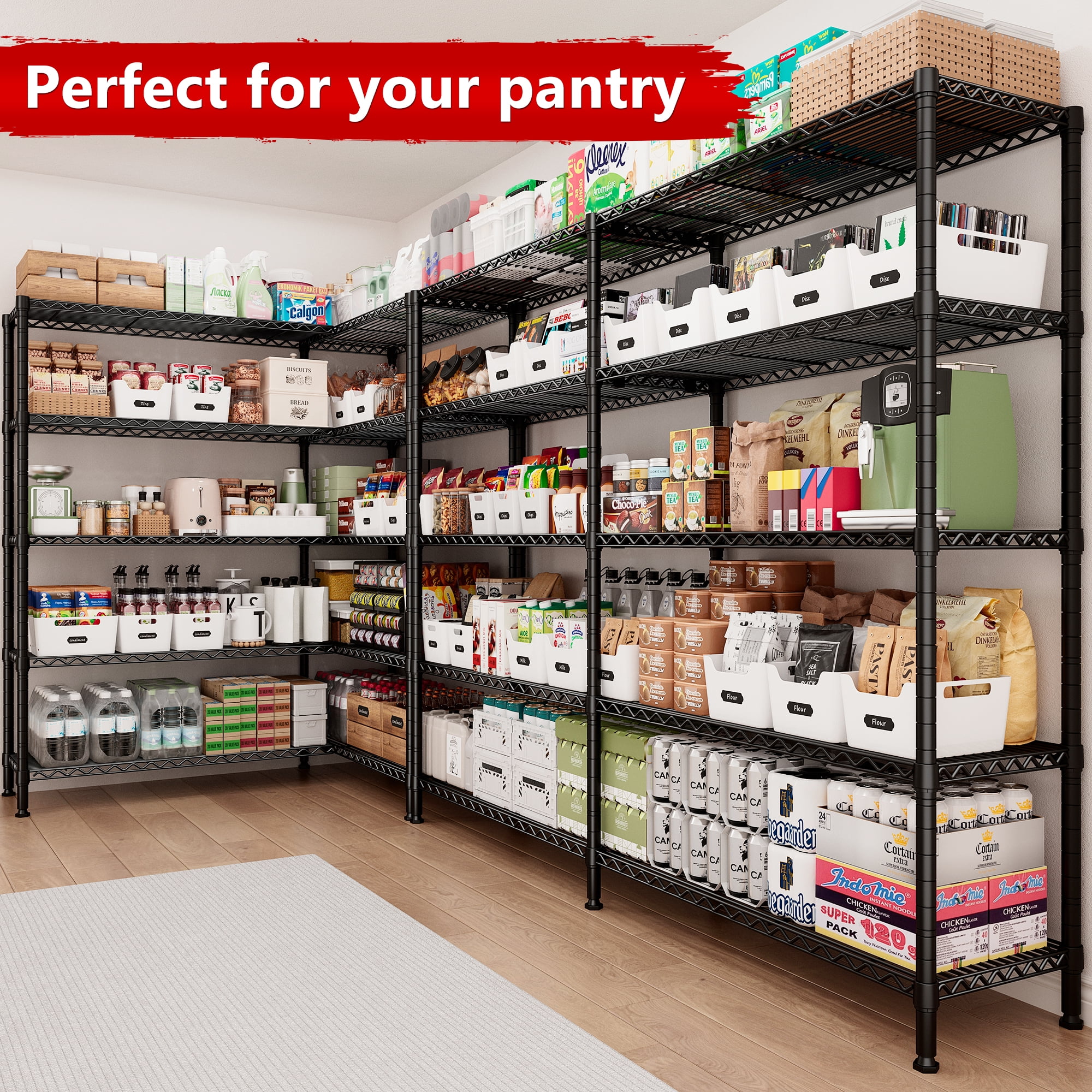 REIBII 68.9"W Heavy Duty Storage Shelves 72.4"H Wire Shelving Unite 5-Tier Adjustable Metal Shelves Garage Shelving Steel Shelf for Kitchen Pantry Basement,Black