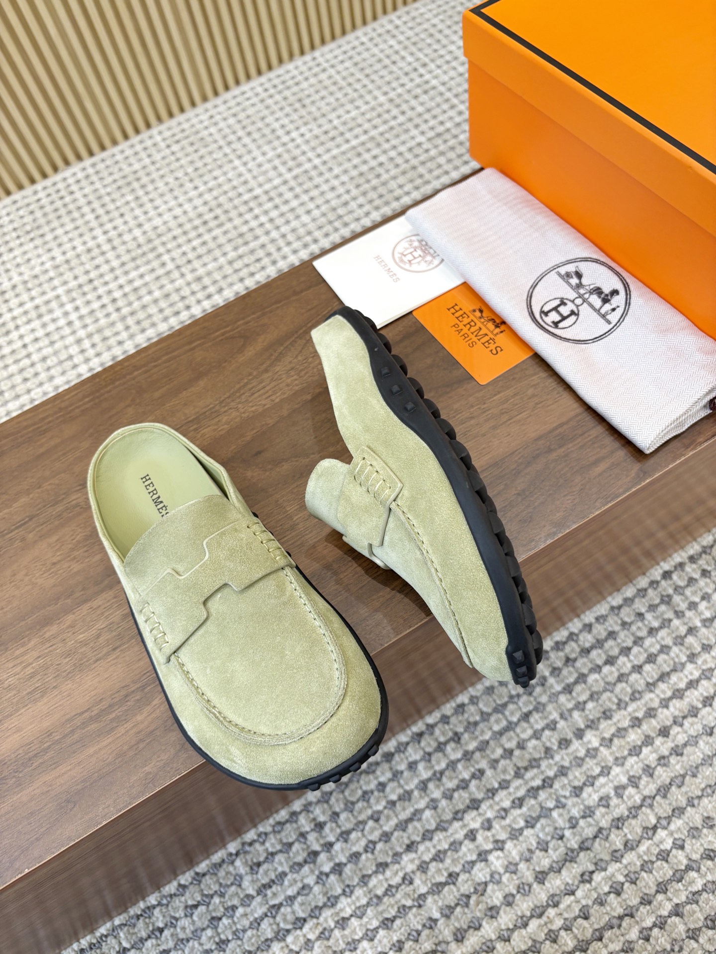 Hermès Vert d'Eau H Cut-Out Suede Leather Go Loafer Mules