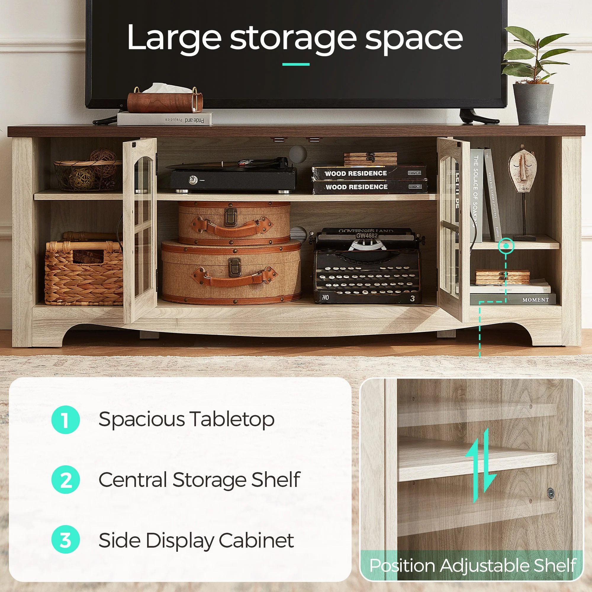 LINSY HOME Modern Farmhouse TV Stand for TVs up to 65",Home Entertainment Center with Storage Cabinet and Adjustable Shelves,Washed Grey & Brown