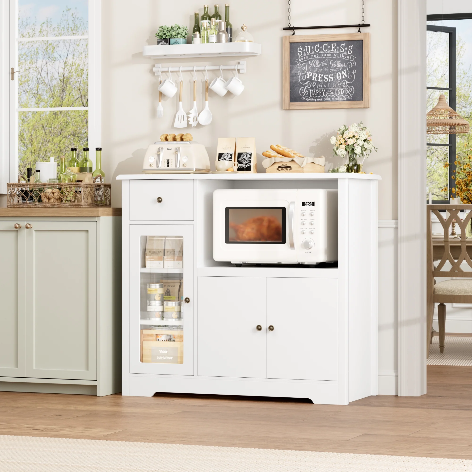 Homfa Microwave Cabinet with Hutch, Kitchen Pantry Cabinet Sideboard with Adjustable Shelves and Drawer for Dining Room, White