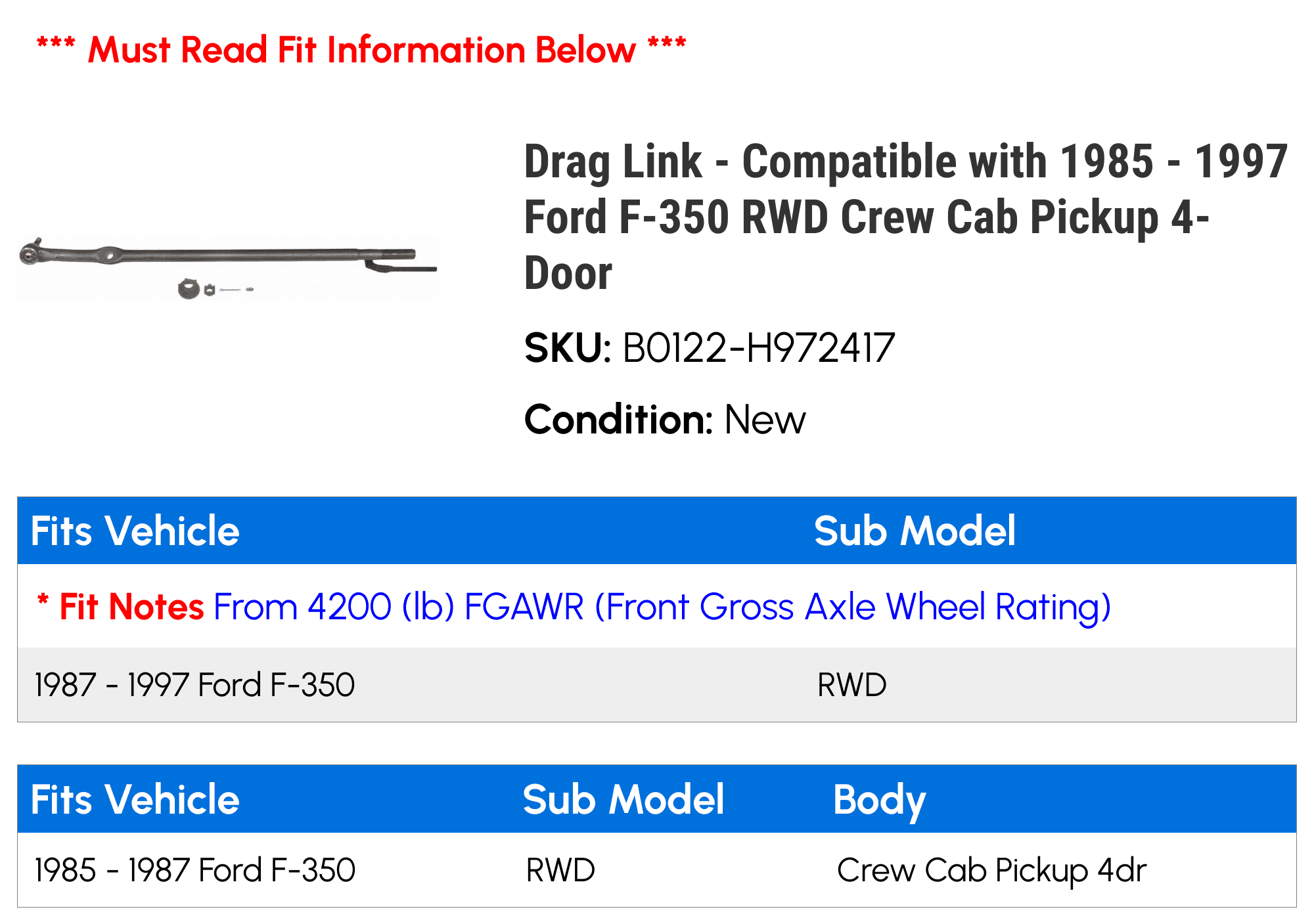 Drag Link - Compatible with 1985 - 1997 Ford F-350 RWD Crew Cab Pickup 4-Door 1986 1987 1988 1989 1990 1991 1992 1993 1994 1995 1996