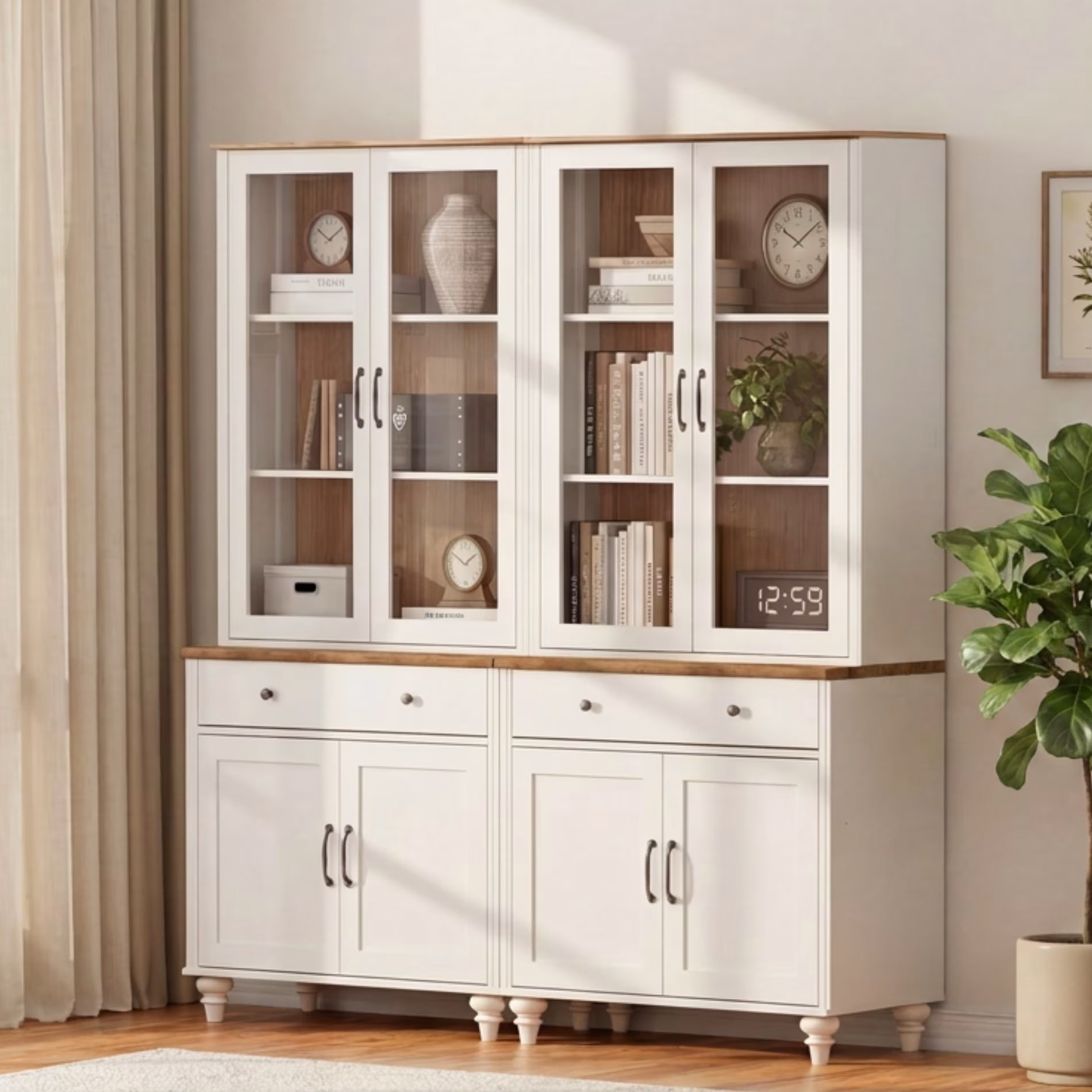Sideboard Buffet Cabinet with Storage, 5-Tier Bookcase with Glass Doors, Farmhouse Bookshelf with Ample Storage Cabinet, Large Bookshelves for Living Room, Office, Kitchen, White, 72 H