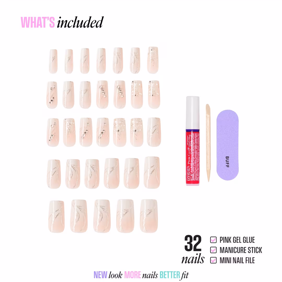 Kiss  Glam Jeweled Long Square Press On Nails, Wrapped in Beauty