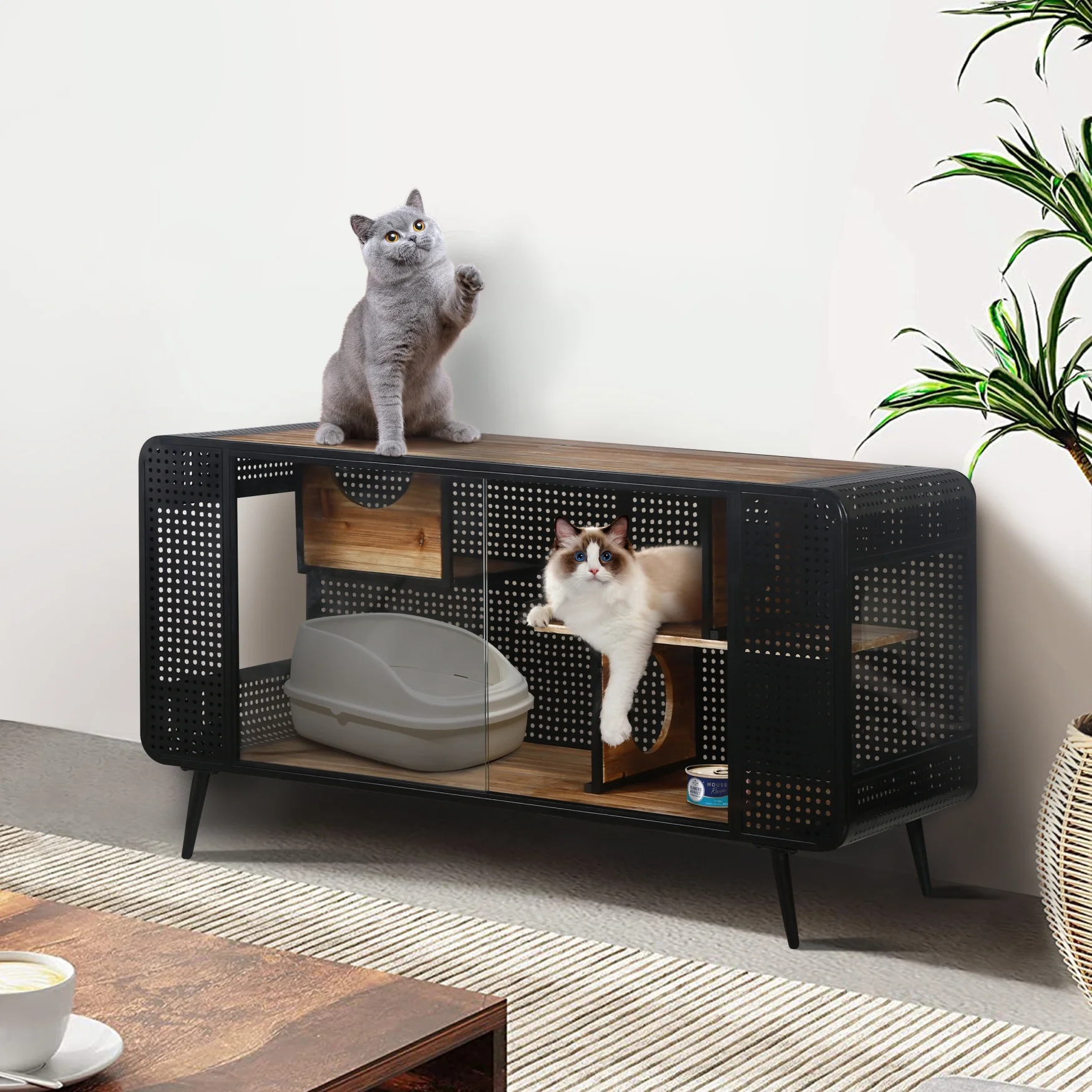 55.12"Spacious Cat House with 2 Sliding Tempered Glass Doors, for Living Room, Bedroom, Hallway, 55.12"L x 22.83"W x 29.92"H Top Board: 110 lbs Load, Cabinet shelf: 60 lbs Load, Black?