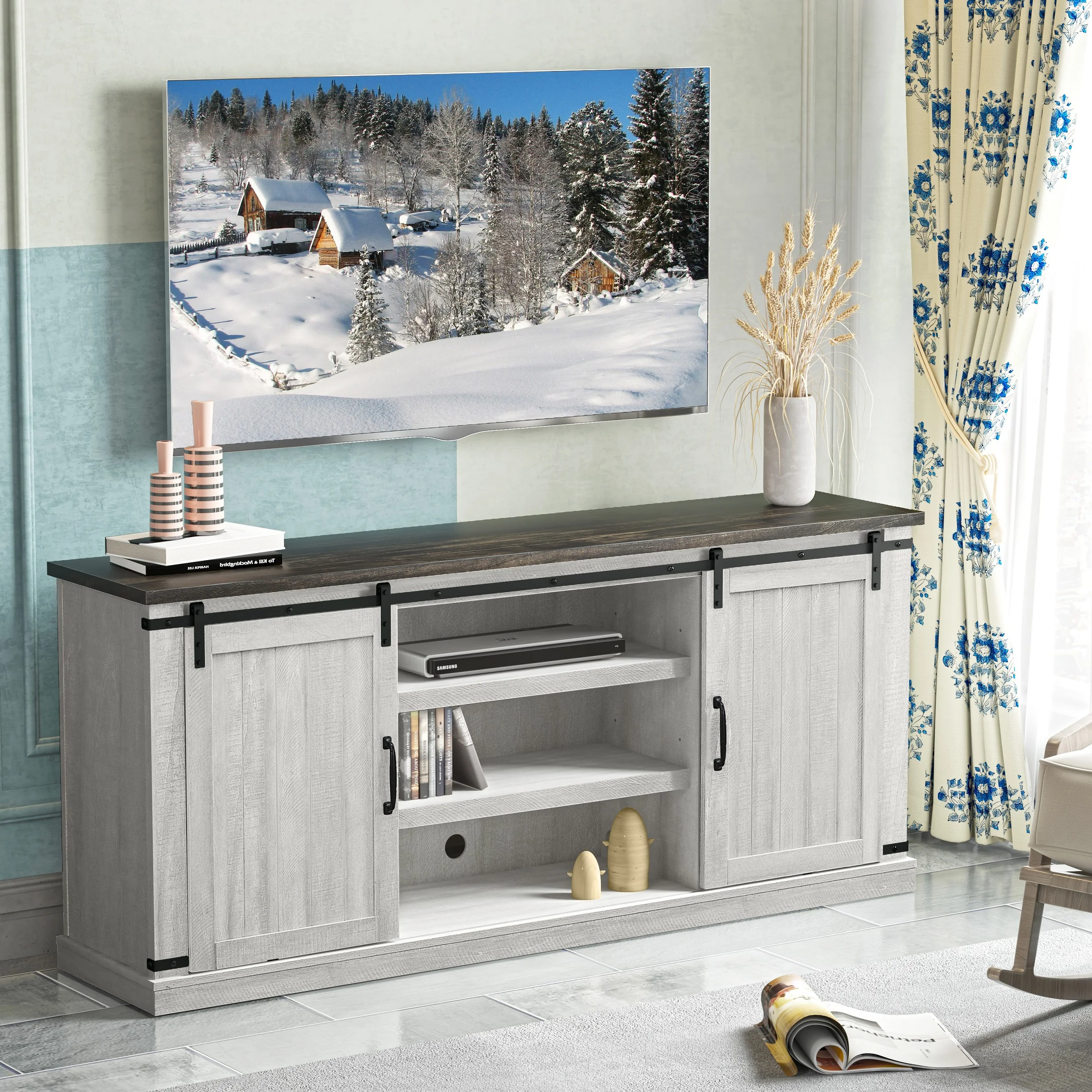 FESTIVO Farmhouse TV Stand for 75" TV, Entertainment Center, Sliding Barn Door TV Stand, 68 inch TV Console Table, Home Living Room Media Console with Adjustable Shelf - Off White