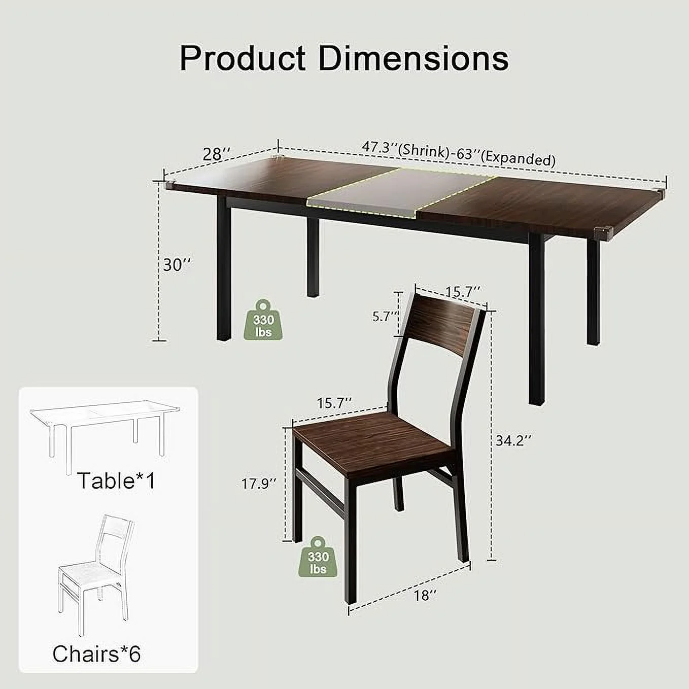 iPormis 63" Extendable Kitchen Table Set for 4-6 People, 7-Piece Large Dining Table Set With 6 Chairs,Mid-Century Modern Dining Room Table,Espresso