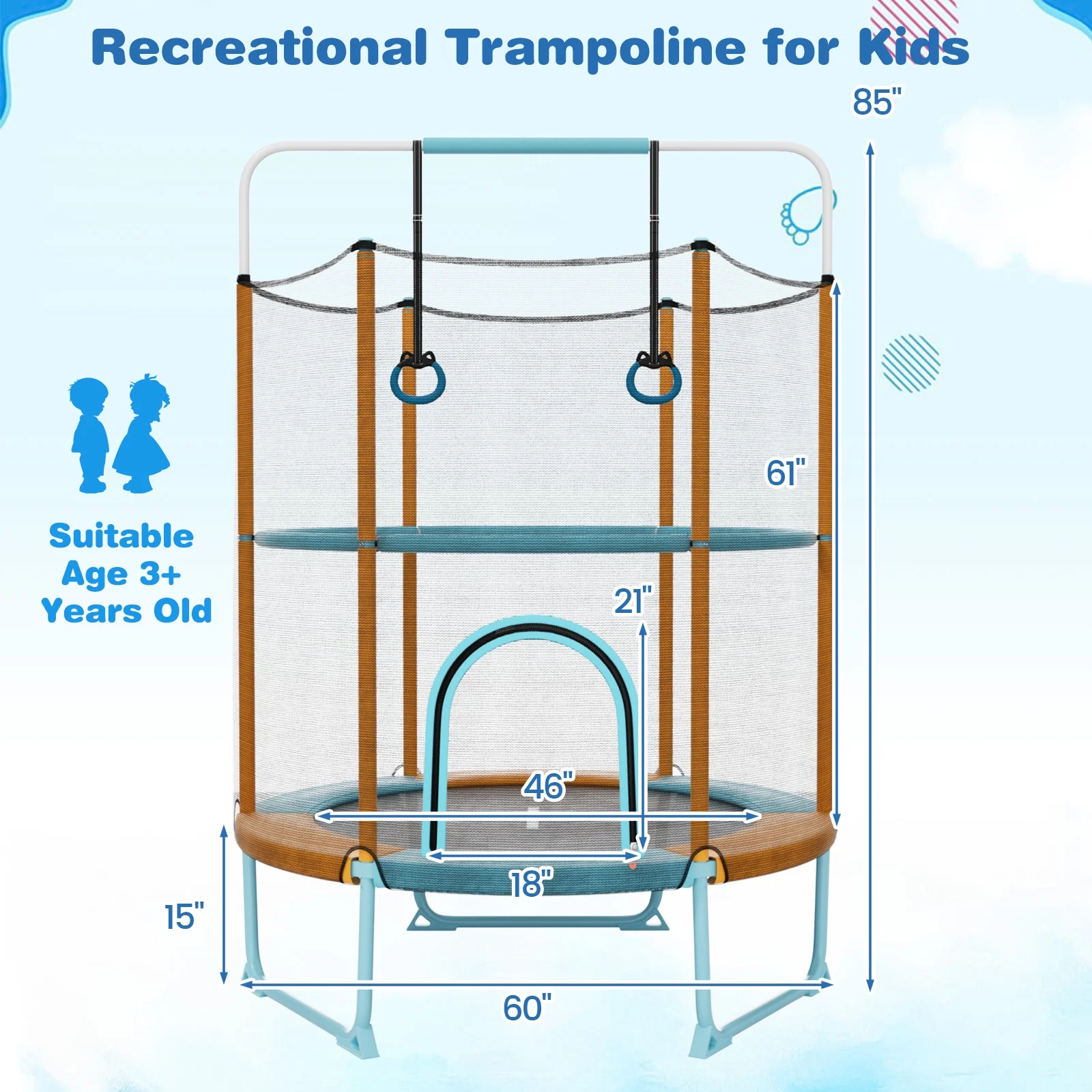 Infans 60" Trampoline for Kids w/Gymnastic Bar Rings Foamed Handle No Gap Design