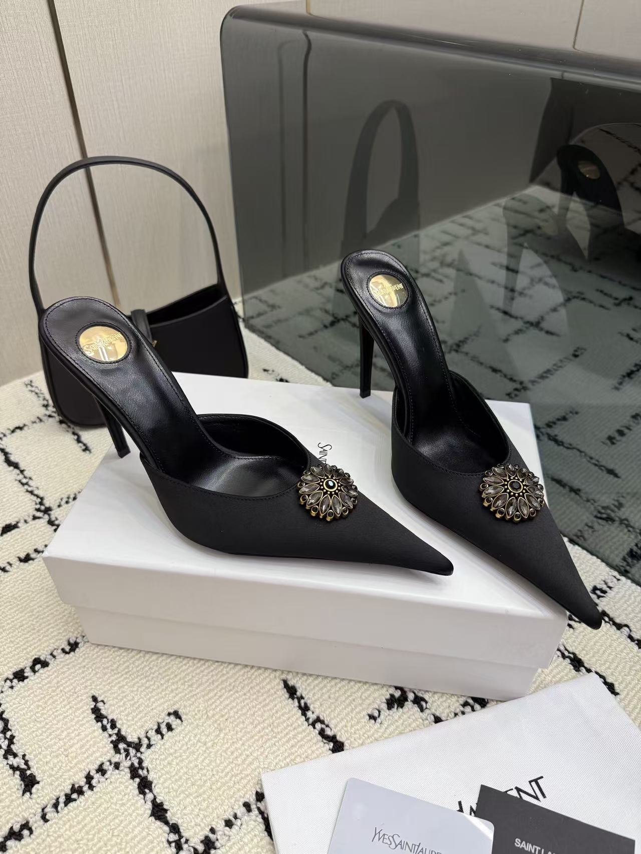 YSL Black Pointed Toe Satin Crystal Brooch Stiletto Heel Mules Sandals