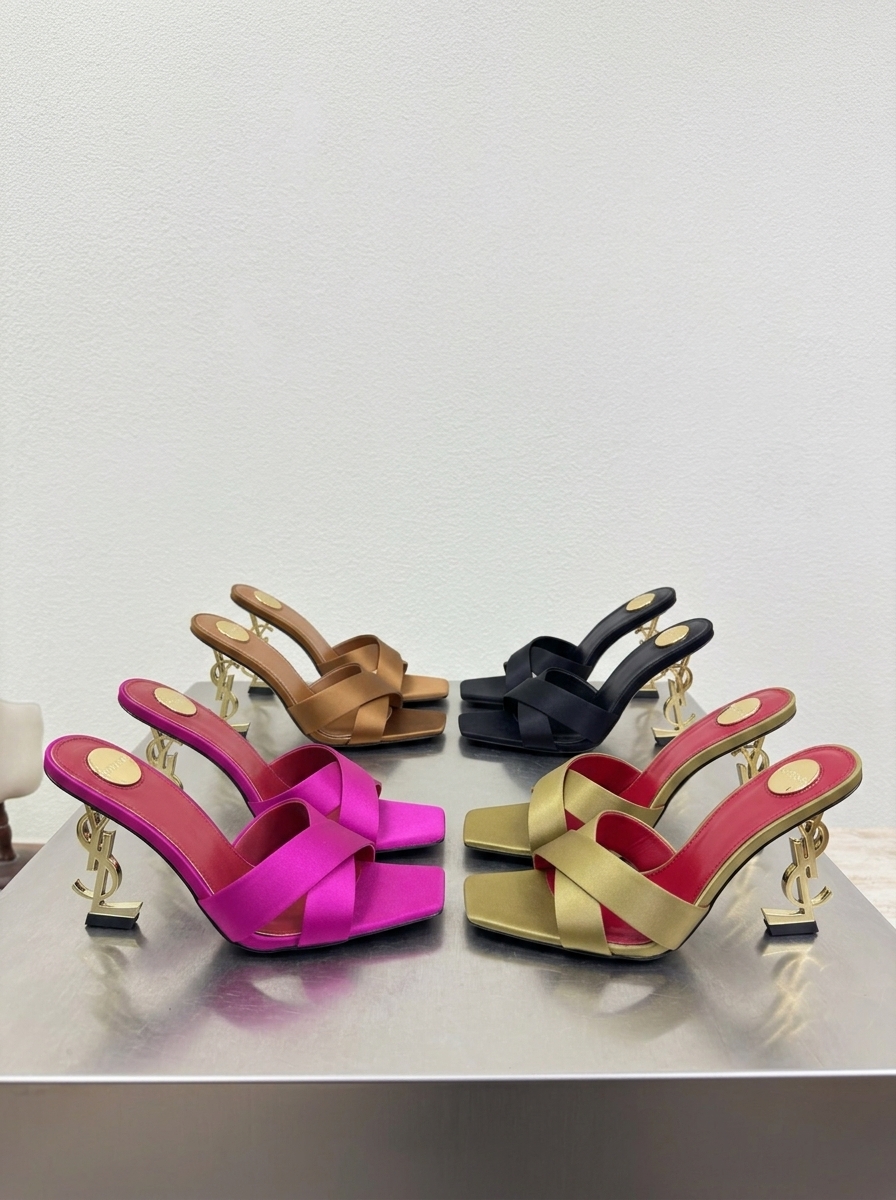 YSL Opyum 105 YSL Logo Satin Square Toe Crisscross Cassandre Heel Mule Sandals