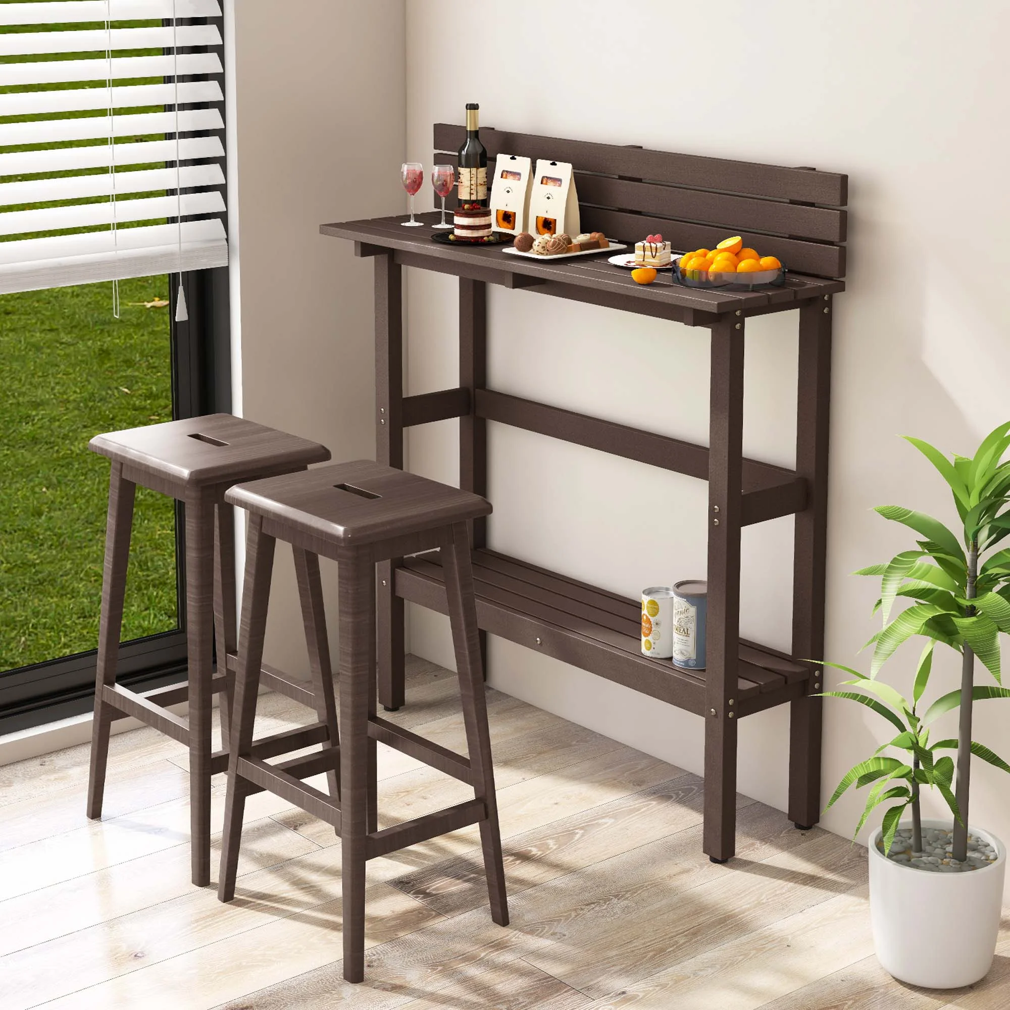 Costway 48" Outdoor Bar Table with Storage Shelf & Adjustable Foot Pads for Hot Tub Brown